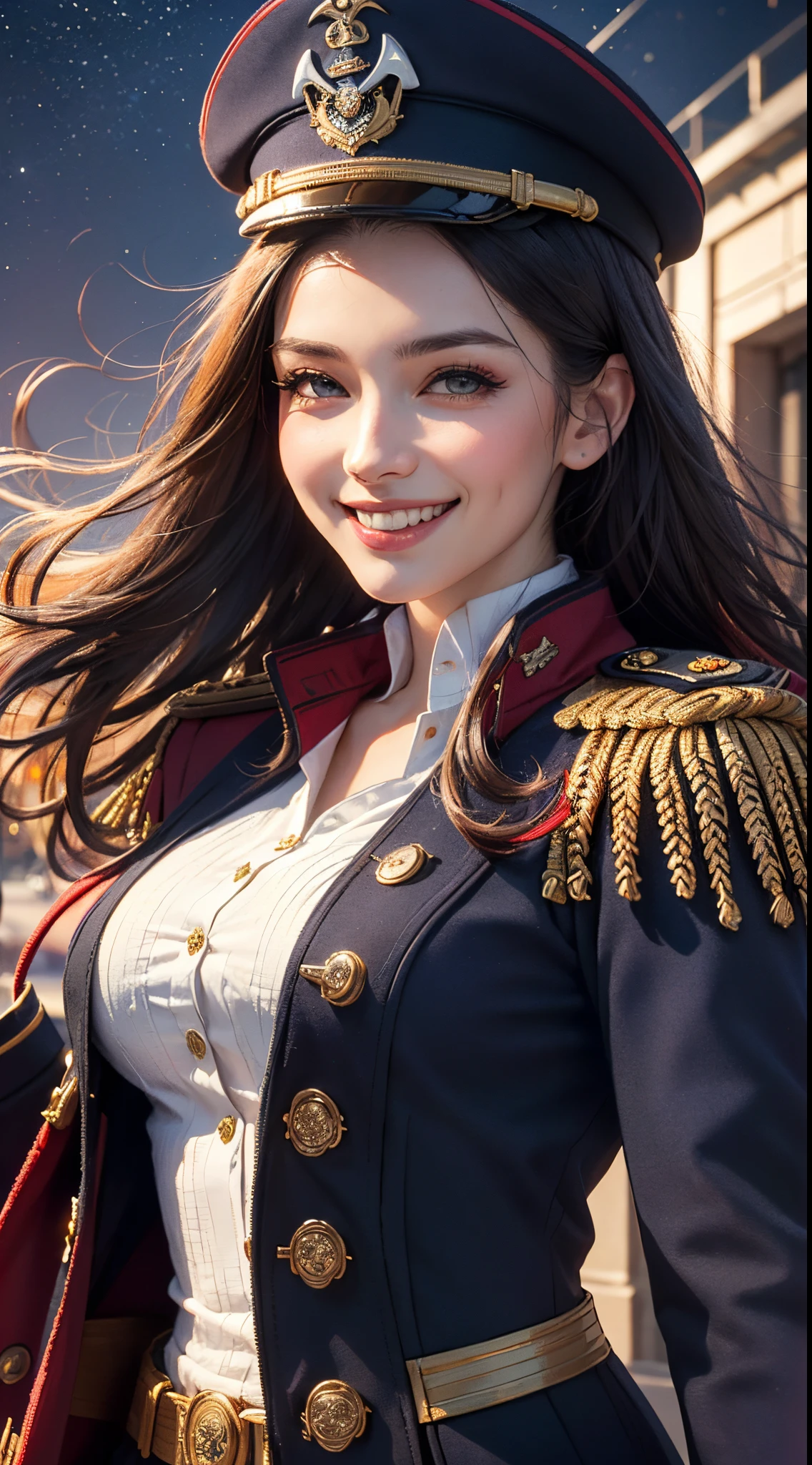 (UHD, retina, masterpiece, ccurate, anatomically correct, textured skin, super detail, high details, high quality, best quality, highres, 1080P, HD, 4K, 8k, 16k), (beautiful detailed eyes, beautiful detailed lips, extremely detailed eyes and face), studio lighting, physically-based rendering, vivid colors, (large breasts, glamorous body), (royal red color, naval uniform coat, rank insignia:1.5), (peaked cap:1.2), business shirt, gloves, (portrait, shiny hair, shiny skin, blush, hair blowing in the wind), (under the starry sky, bokeh), eye reflection, jet black hair, (smile and laugh:1.5),