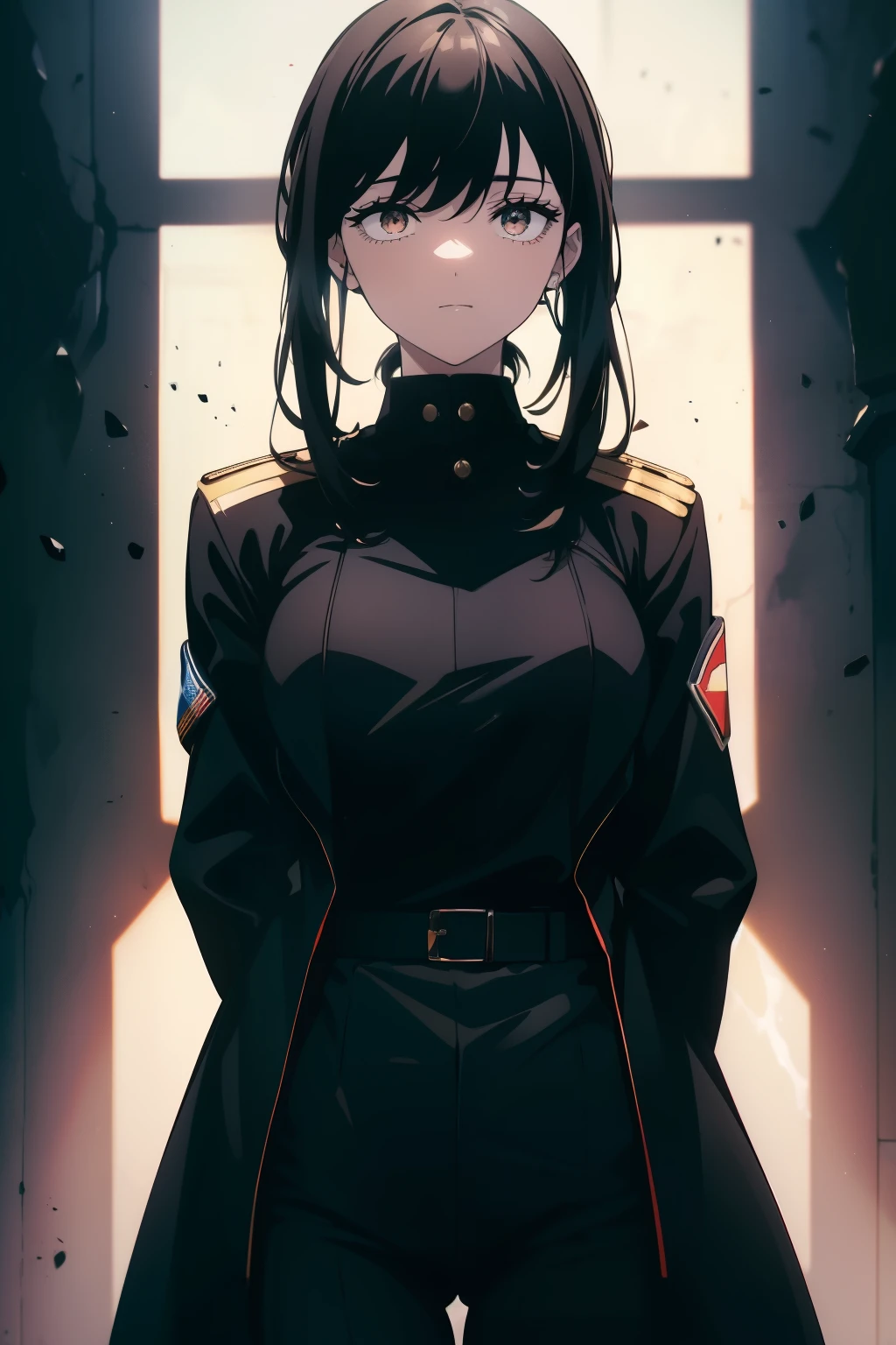 ((((Obra maestra, La mejor calidad, ultrahigh resolution)))), 1girl, standing, ((army veteran, modern army combat uniform, cameo pants, cameo coat)), (((black hair, dark black hair over eye:1))), long hair cut, pale skin, ((brown eyes)), glowing_eyes, neon eyes, (ultra detailed eyes:0.7, beautiful and detailed face, detailed eyes:0.9), ((centered)), smile, ((wide shot)), facing viewer, ((military warzone background)), medium breasts, looking at viewer, ((half closed eyes)), ((perfect hands)), (((head:1, arms, hips in view, elbows, in view))), ((hand pulling off clothing)), empty eyes, beautiful lighting, outside, outdoors, background, defined subject, 25 years old, (head tilt), (((cool))),