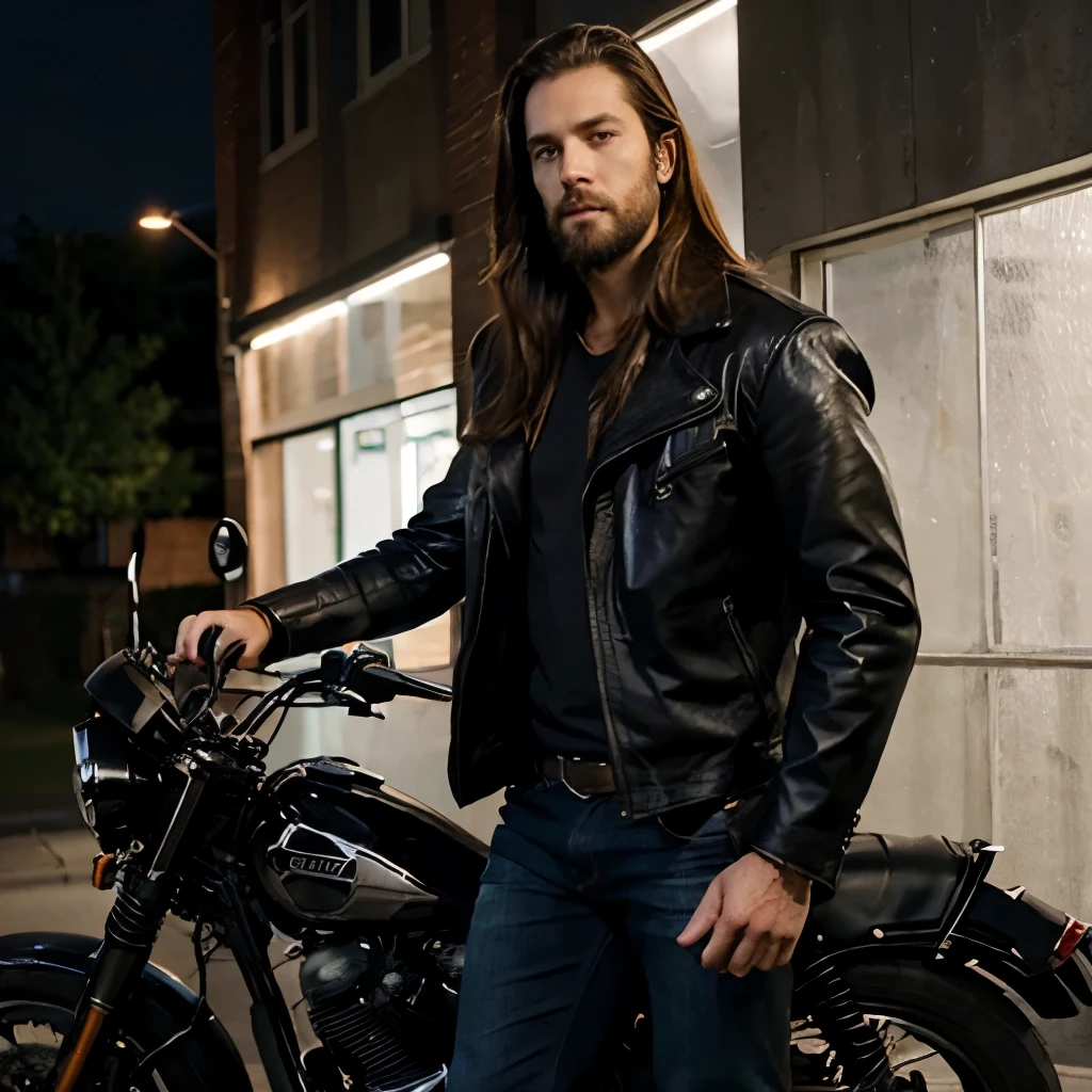 ((man)), shoulder length hair, handsome, shirt, jeans, full body, night, motorcycle jacket, beard shadow, night