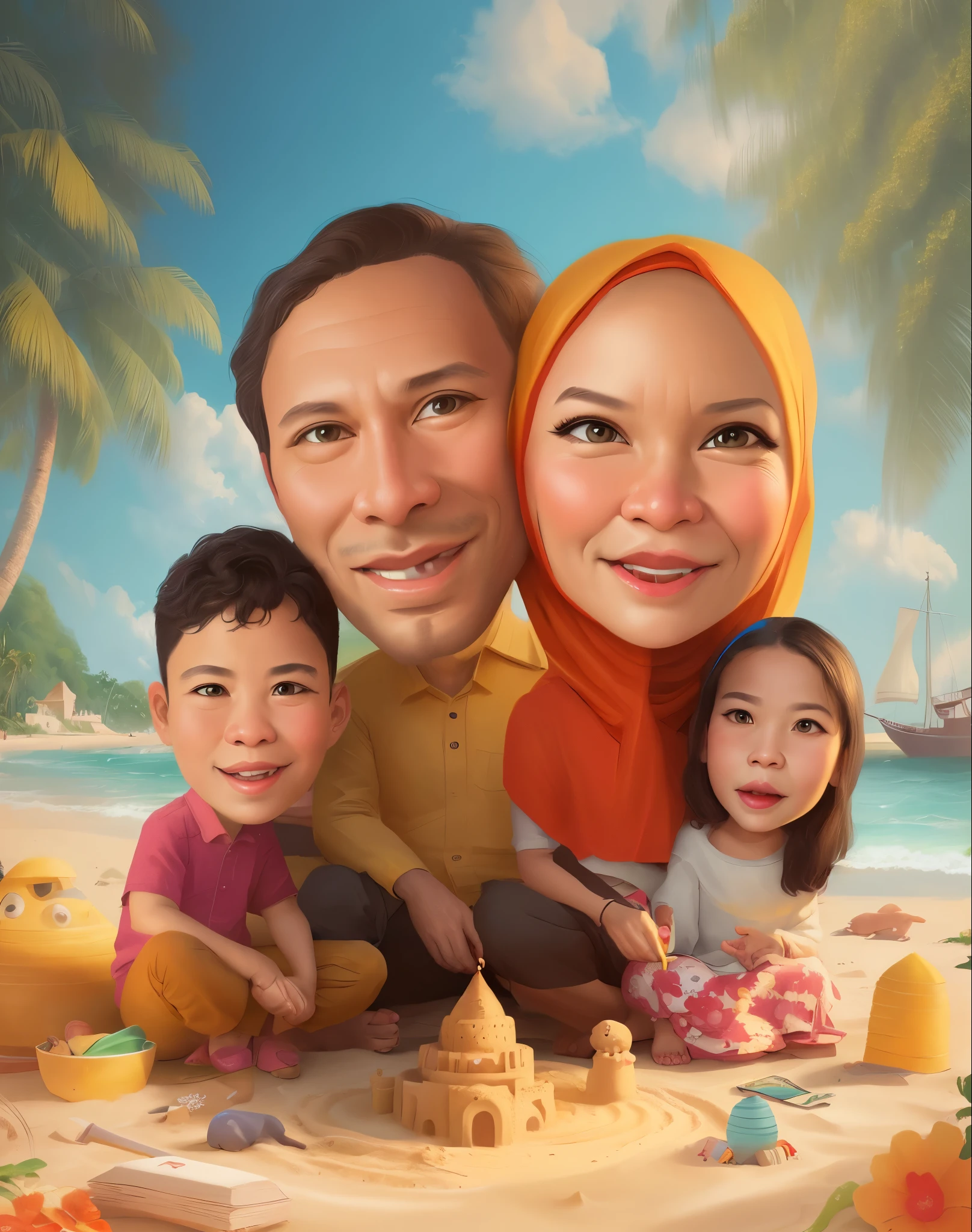 arafed family on the beach with sand castle and toys, caricature illustration, an indonesian family portrait, Mother wears the hijab, everyone laughs happily, cheerfully, cinematic lighting, digital art cartoon, cartoon portrait, cartoon digital painting, in cartoon style, cartoon digital art, cartoon artstyle, digital cartoon painting art, happy family, cartoon art, family portrait, potrait, realistic cartoon, caricature style, cartoon art style, cartoon style illustration