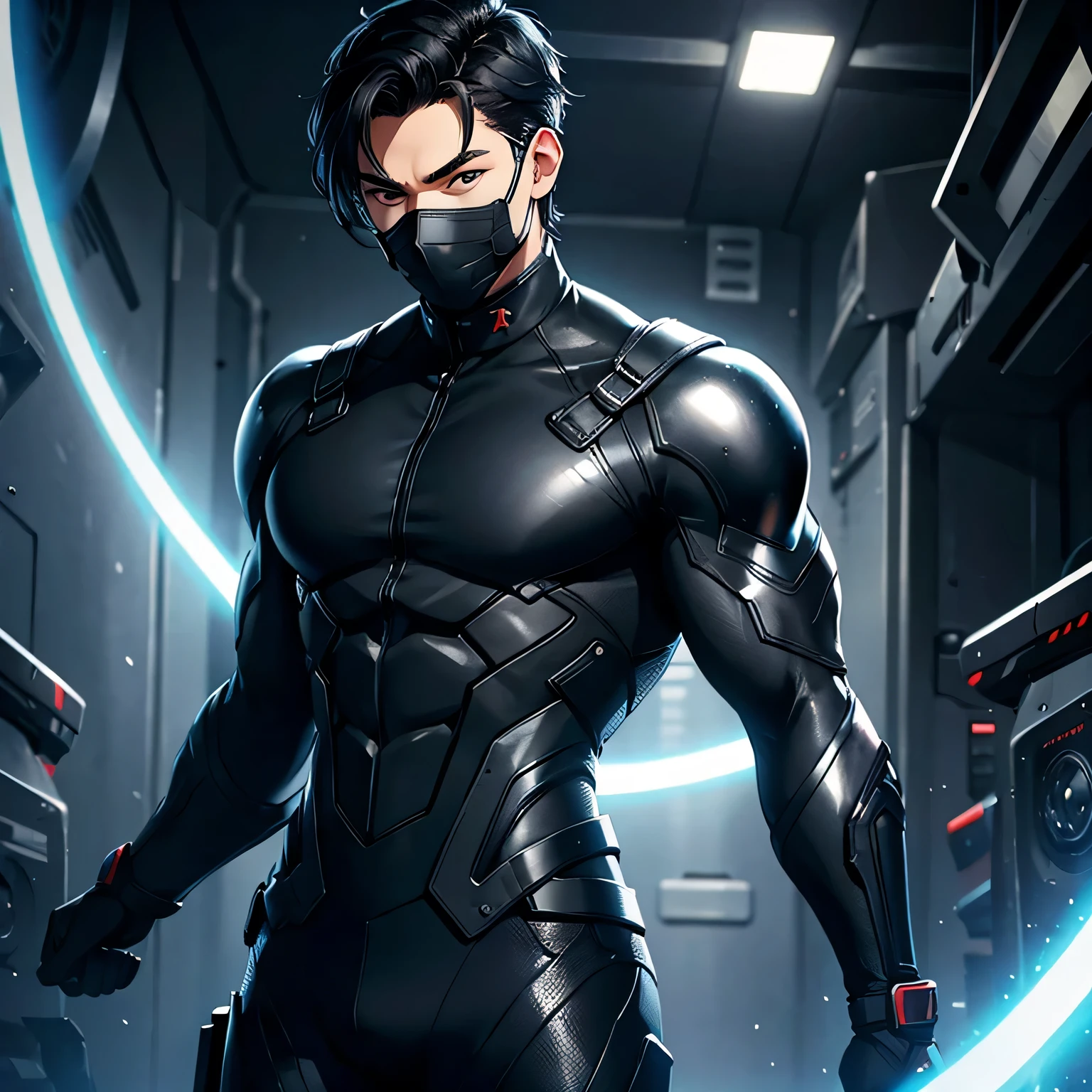 one man, masculine man, muscular man, black hair, short hair, black mask, futuristic clothes, tight suit, black suit, military suit