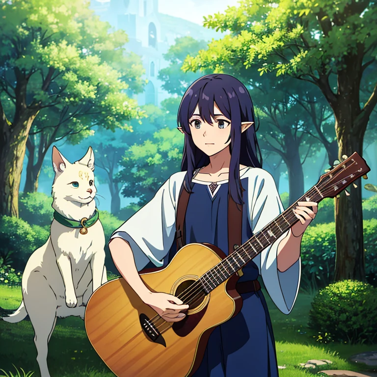 Once upon a time there lived an elf named Lúan, conhecido por suas orelhas pontudas e seu longo cabelo preto. O mundo dos elfos era repleto de magia e encanto, and Lúan was no different. In addition to your magical gifts, he had a special talent for music, especially for playing the guitar.

A cada entardecer, Lúan sat in the clearing of an enchanted forest, rodeado pela natureza exuberante. With your guitar in your hands, ele deixava suas melodias ecoarem pelos arredores. The trees seemed to dance to the music, the animals approached curiously and even the stars seemed to shine more brightly in the sky.

Lúan&#39;s songs were like musical spells, capable of bringing peace and joy to the hearts of those who heard them. He believed music was a universal language, capaz de unir todas as criaturas, independentemente de suas origens. And through your guitar, ele compartilhava essa magia com o mundo.

Lúan also performed at festivals and special events in the elven kingdom.. His captivating music and melodious voice enchanted everyone who watched him.. Ele era conhecido como o "Bardo da Floresta", able to tell moving stories and convey deep emotions through his songs.

Enquanto tocava, Lúan felt connected with nature and the beings around him. He believed that music was a way to express his deepest feelings and to convey the essence of elves to the outside world.. His guitar was like an extension of himself, a magical tool that amplified your voice and emotions.

Lúan dreamed of traveling through enchanted realms, taking your music and guitar to every corner of the world. He wanted to share the beauty and magic of the elves with other races., espalhando a harmonia e a paz por onde passasse.

E assim, o jovem elfo de orelhas pontudas, long hair and his faithful guitar continued to enchant everyone with his music. His passion for art and connection with the uni