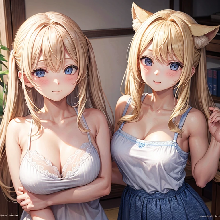 Blonde, Twin-tailed, Wheat skin, Shy face, Upper body, cleavage, White camisole,Panchira,Blue underwear