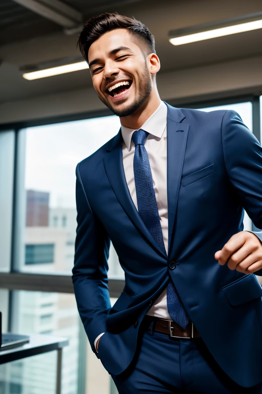 Generate an image of a man wearing a suit, laughing, HE IS A BUSINESSMAN, very happy