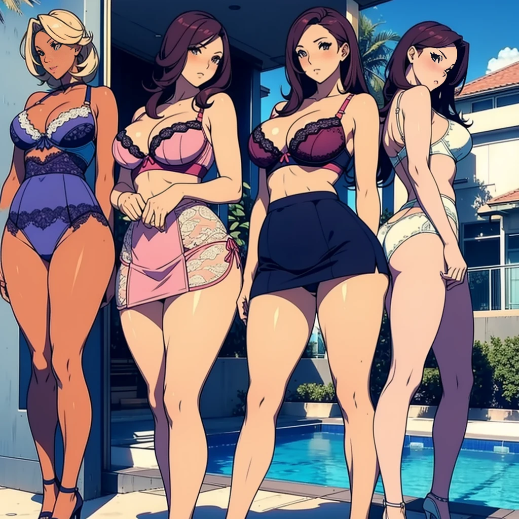 multiple thick body females wearing skirts lounging at pool with lots of glass doors with brightly lit daytime skies, all females wearing different style skirts and sexy bras, (lace pattern bra and panties), partially exposed panties underneath dress, some females show body from back view and some show body from front view to camera, show upskirt