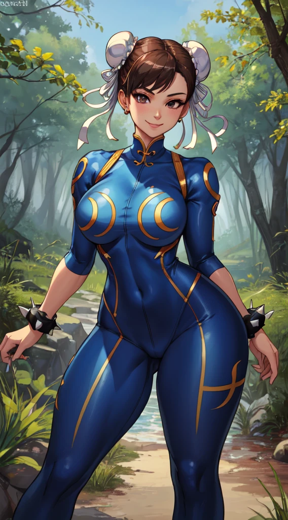 1girl, Chun-li, short brown hair, double bun, (alone), (standing), (Curvy), smile, (masterpiece), (best quality, highly detailed, (blue bodysuit), curvy, Forest, Spike bracelet,