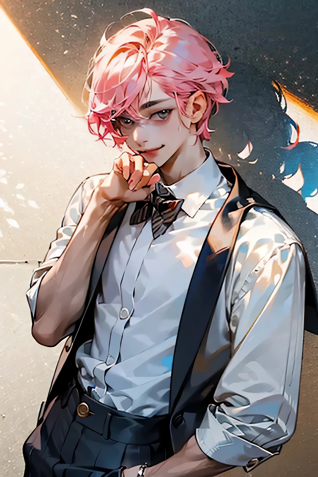 ((Best quality)), ((tmasterpiece)),, It's a perfect face（（male people）），young man with pink hair，校服，Short hair bangs details，tmasterpiece，Hair fluttering，delicated face，good eyes，，フォトリアリスティック， beautidful eyes, Mottled light and shadow,，Smilingly，Bow knot，Cute action，white backgrounid，
，School uniform for high school students，Western-style school uniform，Suit pants，Make cute poses to the camera