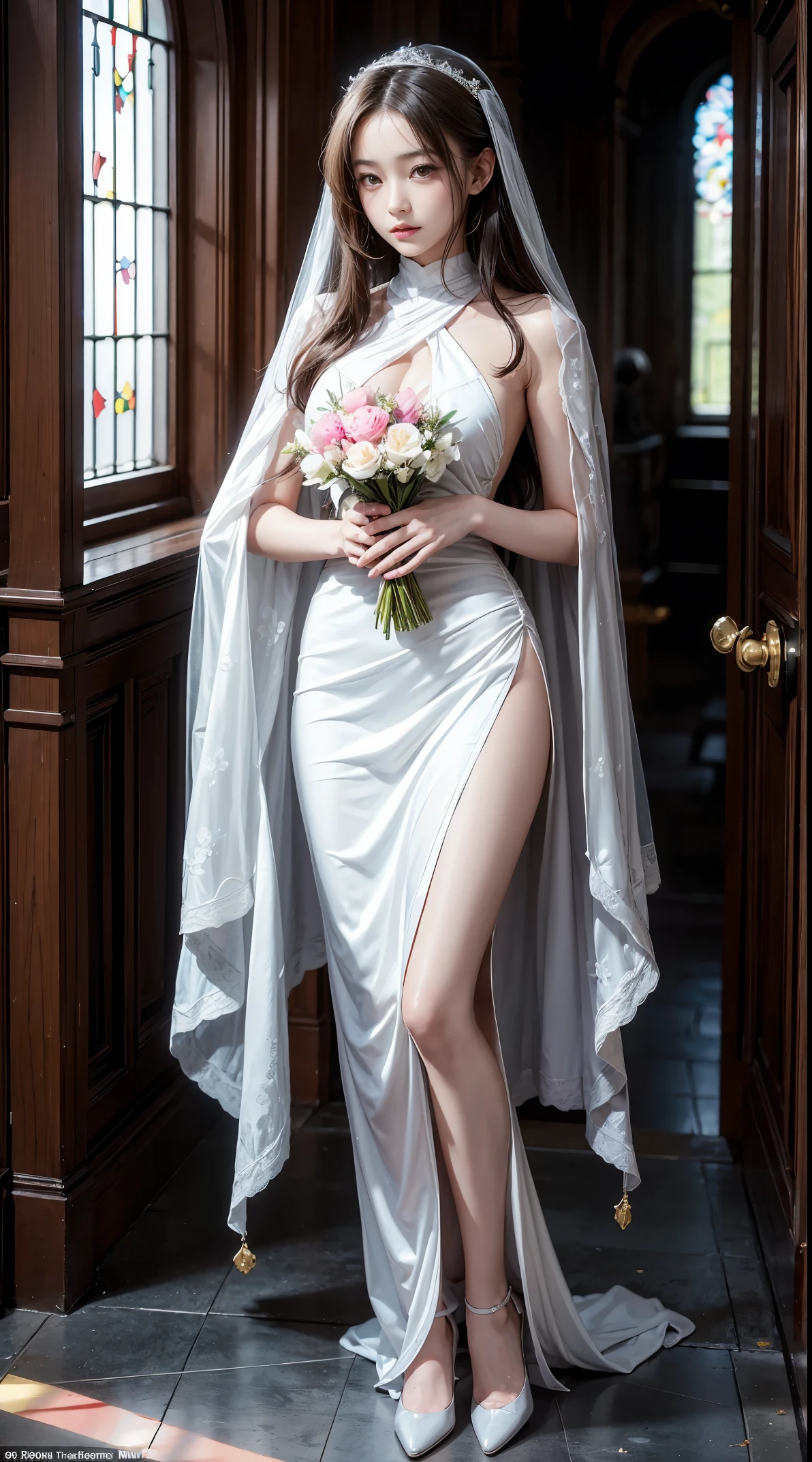 Sugihara anri, ((solo)), alone, bride, was naked, horny, happy, ((forehead to show)), standing, entering the church, dark hair, long hair, delicate, young, long hair, detailed face, high definition, ((full body)), (flowers around her), full body, she is a beautiful woman getting married, face with high quality, beautiful, radiant, big breasts, nipple erect, visible pubic area, visible crotch