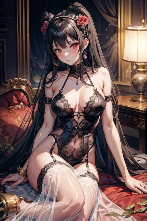 affe woman in a black lingerie sitting on the floor, Sexy gown, wearing Sexy シースルーlingerie, シースルーlingeries beauty, femme, elegant seducing pose, Full length view, Sexy dress, Sexy :8, thin black 透明なlingerie, 透けたlingerie, young graceful,Skin is visible, enticing, seductive woman, with a thin waist, gorgeous woman, translucent dress,princess gallery,there is a black and pink lingerie with pearls on it, Harneses and garters, Lace underwear, lingerie, lingeries beauty, black and red only,pearlescent, Harnes, red - black, pearl,Garter Belt, laced lingerie, fully frontal view, pearlescent付き,pearl,Front shot, masterpiece, honey birdette, Frontal shot, tease, Well equipped,intimate,