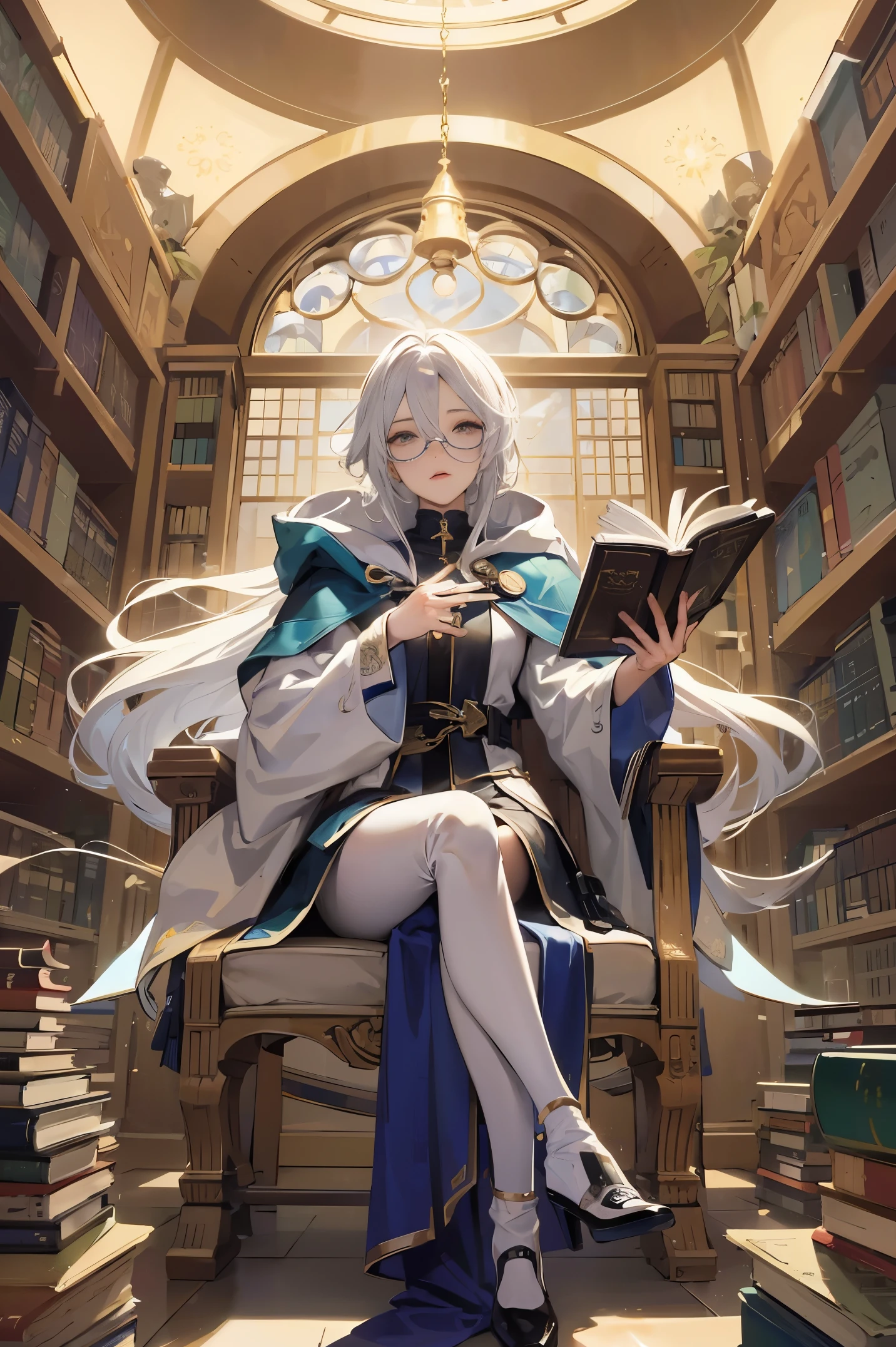 an androgynous hooded boy with long white hair sits on a throne inside a large library and holds an open book, the person is wearing glasses, the library is lit by candles and is filled with books stacked on the floor, with a large round window in the background showing the galaxy with a constellation, Perfect lips, symmetrical face, olhos detalhados, pele de porcelana, HDR, UHD