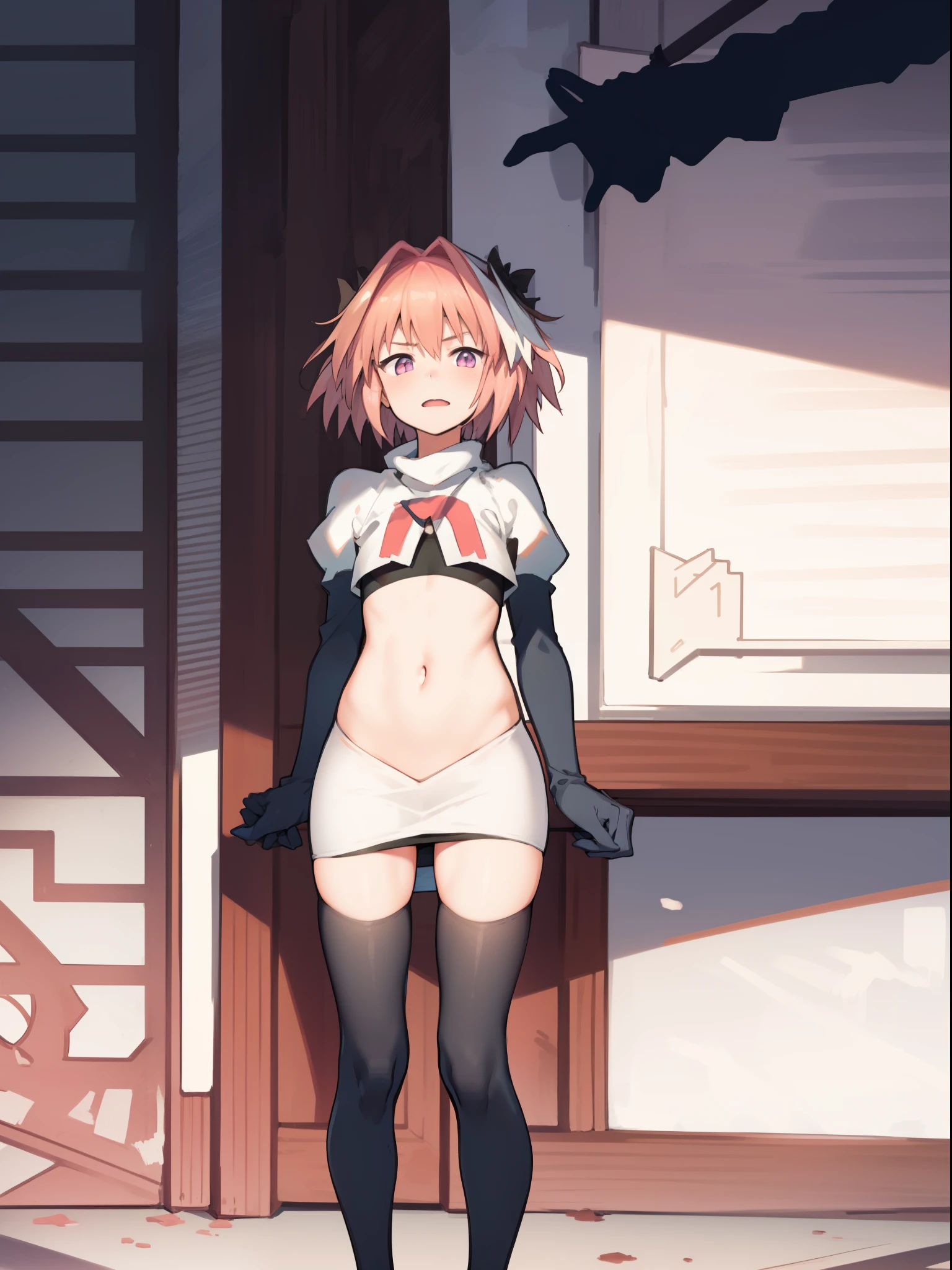 absurdres, masterpiece, best quality, (astolfo fate:1.2155), 1boy, male focus, trap, pink multicolored hair, pink hair, white hair, hair intakes, long hair, pink detailed eyes, crossdressing,1boy, team rocket,team rocket uniform, red letter R, white skirt,white crop top,black thigh-highs,black elbow gloves