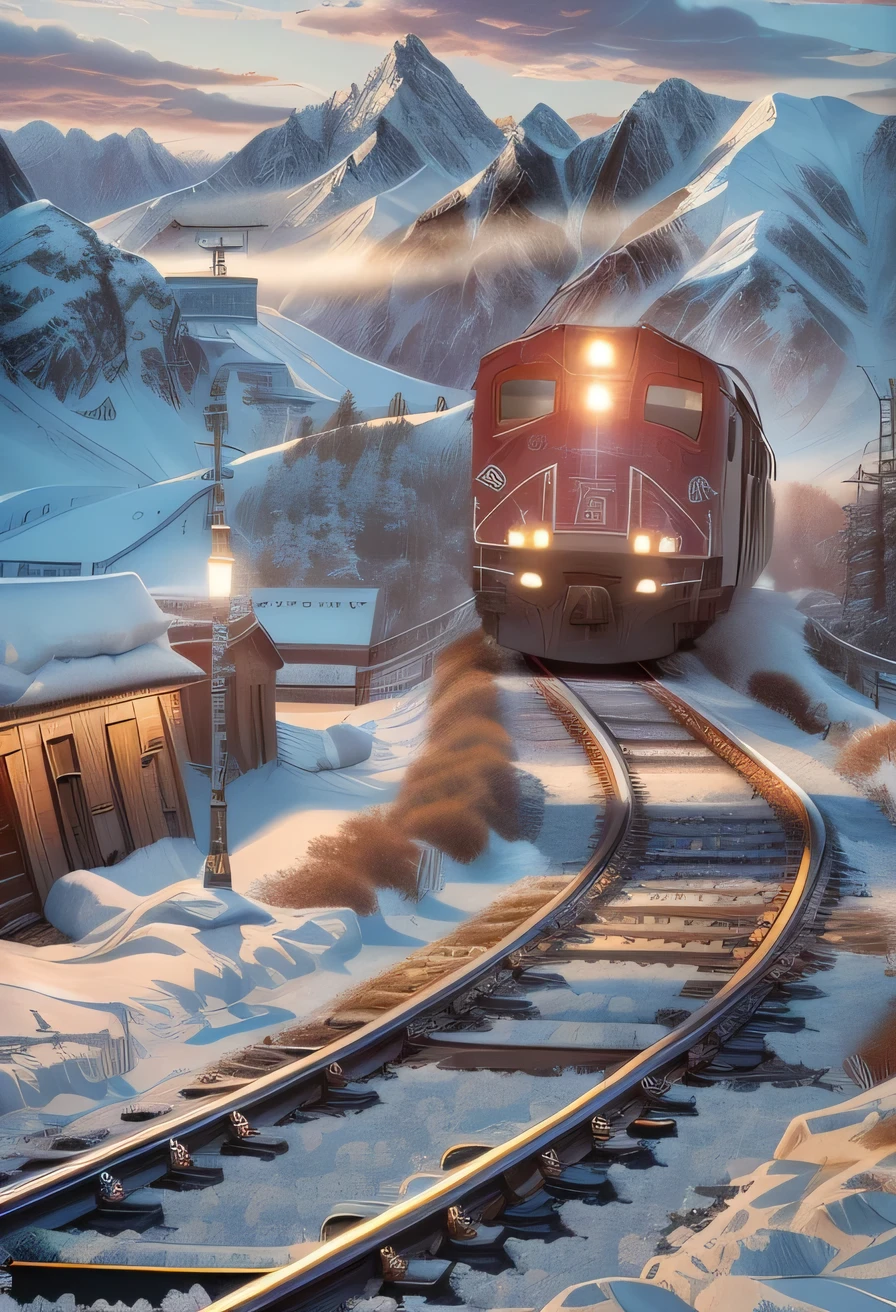 train, snow mountain, sunset, (masterpiece), ((ultra detailed)), (highly detailed CG illustration), (expressionlesest quality:1.2), High quality texture, intricate details, detailed texture, High quality shadow, Cinematic Light, Depth of field, light source contrast, perspective, realistic, UHD, 8k