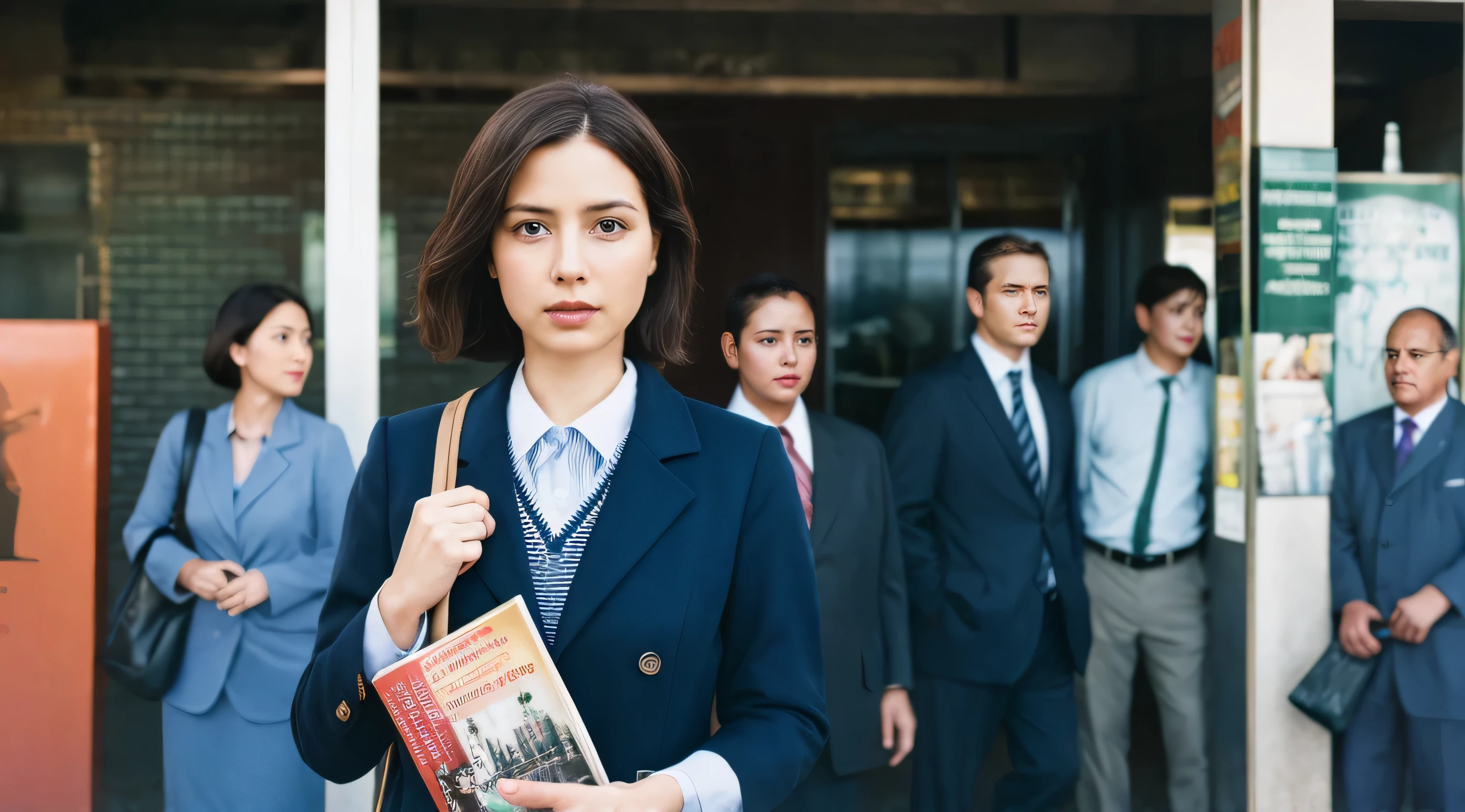 Jehovah's Witnesses、Evangelistic activities、In front of the station、signboard、standing with a magazine、Middle-aged man、Middle Age Woman、high-level image quality、high-detail、