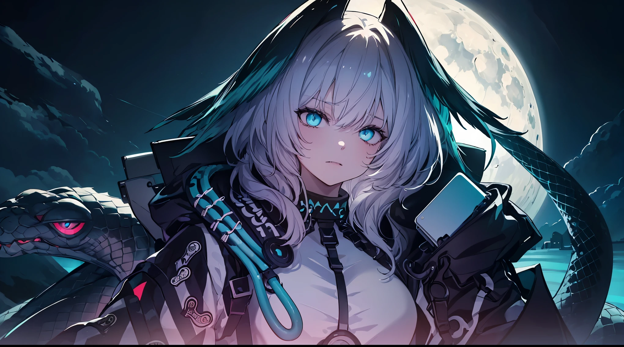 a 1girl, evil face, Moon in the background, Snake fangs, 8K quality, Best Quality, hairlong, a beautiful background, 1920x1080 resolution, neon eyes,