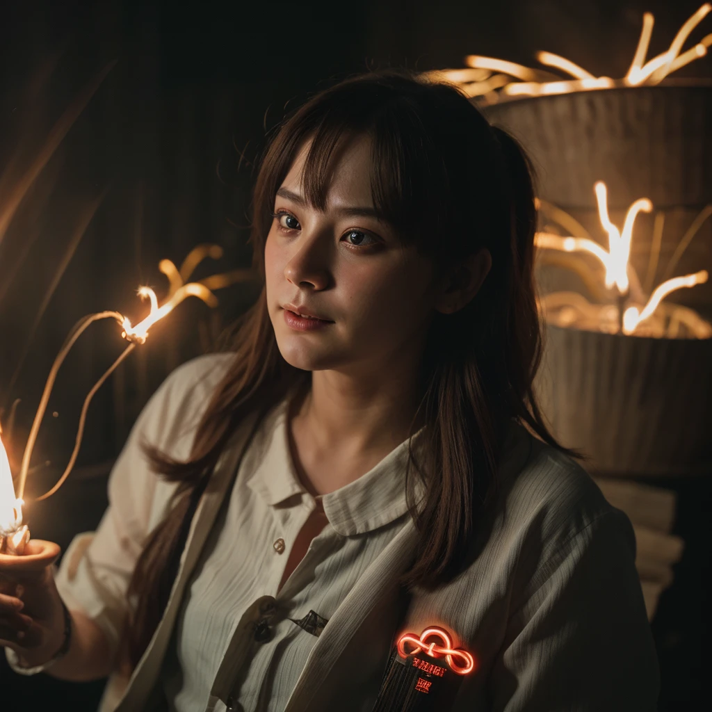 tmasterpiece, actual, realisticlying, ultra - detailed, 8K, RAW photogr, depth of fields, actual light, cinematic compositions, pyrotechnics, the night, depth of fields, 35mm, Taipei 101,龍年放pyrotechnicocal point: 1.2), dark ambiance, 电影灯光, vintage film style, faded,