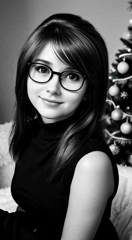 Realistic 80s photo on monochrome film; modest shy young ite Russian woman 38 years old, beautiful proportional round face, round cheeks, Round chin, Big shiny brown eyes, glasses with lenses, beautiful proportional small wide nose, Parted full lips, Serious, calm pleasant smile, medium length brown thick tousled hair(80s punk hairstyle); small proportional body, beautiful very small realistic breasts, Black tight turtleneck, happy look at the camera, hugging the Snow Maiden against the backdrop of a brightly decorated Christmas tree, natural light; Monochrome image