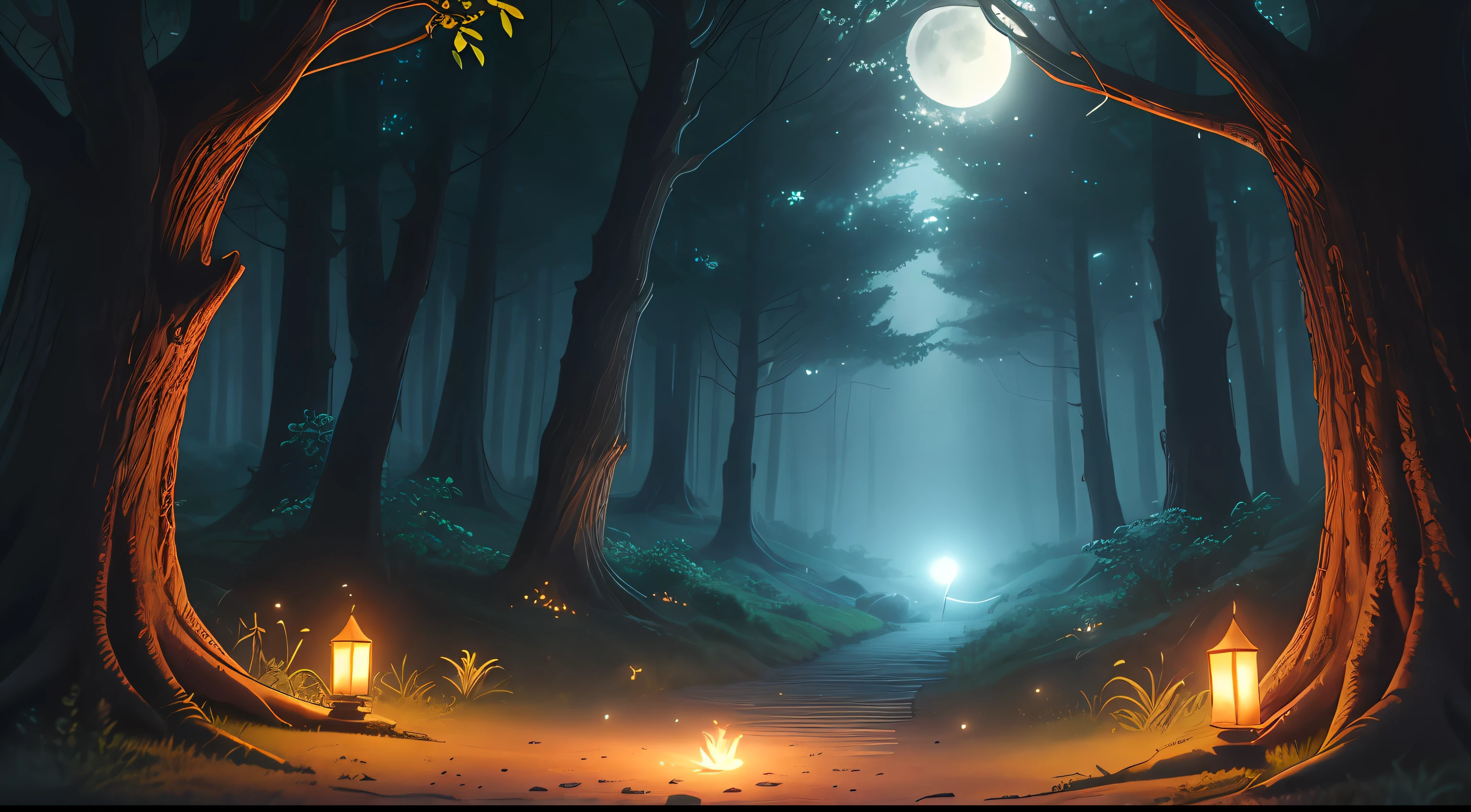 Encantador bosque iluminado por la luna, glowing fireflies, Mystical creatures,Escena realista, Detallado, Fotorrealismo, 8k