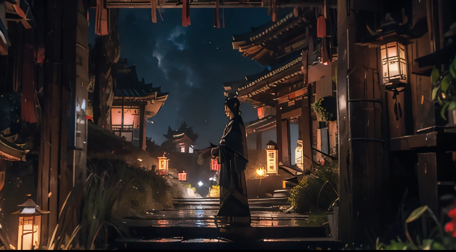 (tmasterpiece:1.2),best qualtiy,realisticlying,Tyndall effect,Underworld marriage,natta, Lanterns, The tree, scenecy, exteriors, 1boys, 独奏, brunette color hair, Japanese clotherom back, malefocus, standing on your feet, east asian architecture, buliding, Skysky, nigh sky, stairwayack,