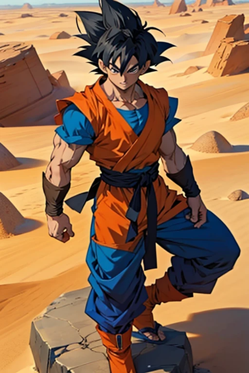 Goku sentando em uma pedra no deserto, desenhado, anime and manga traits