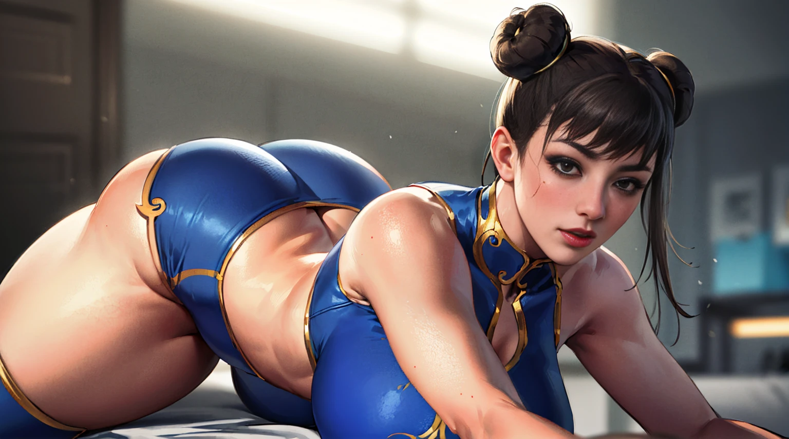 (highres:1.2, ultra-detailed, realistic:1.37), vibrant colors, studio lighting, chun li, (8K,32K), hyperdetailed face, perfect body, brown hair, blue legging pants, beautiful detailed eyes, beautiful detailed lips, stuck hair, two buns in hair, (huge-breasted), thick thighs, super wide hips, huge ass