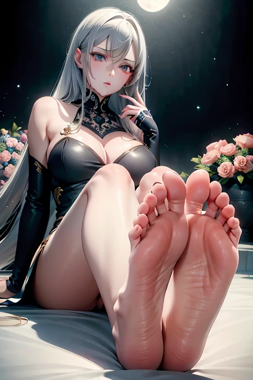 Masterpiece, Superb Girl, Night Moon Full Moon, 1 Female, Mature Woman, Sister, Royal Sister, Cold Face, Expressionless, Silver-White Long-Haired Woman, Light Pink Lips, Calm, Intellectual, Three-banded Gray Eyes, Assassin Short Knife, Flower Ball Background, Hand Details, Finger Details, Facial Details, Eye Details, extremely long soles, extremely long feet, long feet, feet up, naked, beautiful, extremely long toes, big breasts, 8k, high quality, detailed
