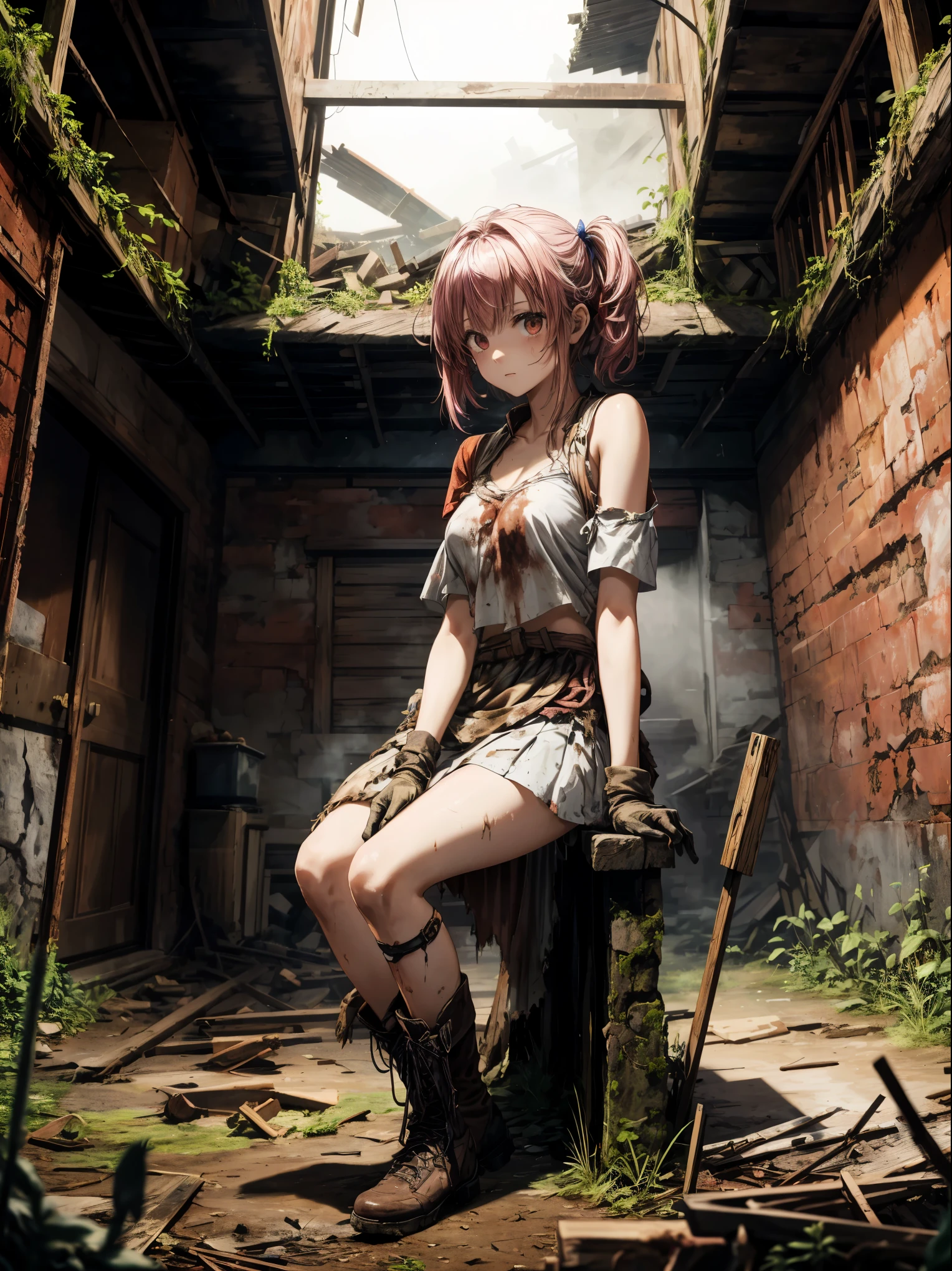 (masterpiece, best quality) HUNT:SHOWDOW, Masterpiece in maximum 16K resolution, with a style reminiscent of The Last of Us, highlighting an atmosphere of terror, horror, and suspense. | Inside an abandoned and destroyed building, a 20-year-old young woman, wearing a white top, black pleated skirt, and brown leather boots, is amidst the ruin. Her short pink hair, with a generous fringe in front of her right eye and two pigtails, adds a distinctly defiant touch to her figure. In a desperate gaze and an expression of profound fear, she stares directly at the viewer, revealing the anguish of the nighttime environment under heavy rain. Destroyed, dirty, and rusty structures, along with smashed machines and computers, a large table of rotten wood, walls filthy with dirt and blood, and ((large_and_rotten_mushrooms)) compose the scenery. The atmosphere of desolation is accentuated by the ((body_covered_in_decomposing_mushrooms)). | Three-dimensional composition, cinematic lighting. | A striking scene of a young woman in an abandoned building, immersed in the terror of a world in ruins. | {The camera is positioned very close to her, revealing her entire body as she adopts a extroverted_pose, interacting with and leaning on a structure in the scene in an exciting way} | ((perfect_pose)), She is adopting a ((extroverted_pose as interacts, boldly leaning on a structure, leaning back in an exciting way):1.3), ((full body)), (perfect_fingers:1.0), (perfect_legs:1.0), More_Detail, better_hands.