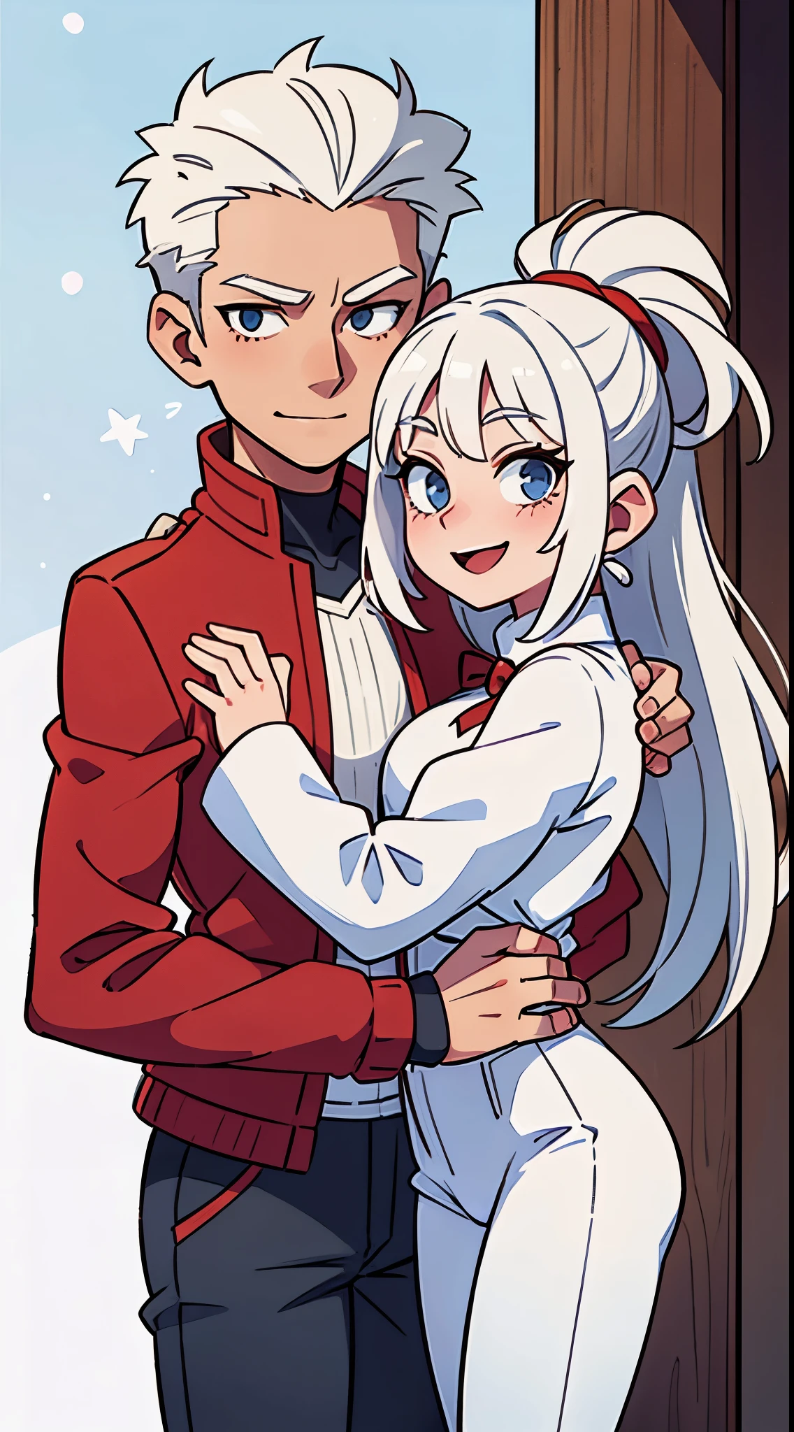 1 male white hair , 1 female white haired , tight hugging, Christmas, snow , white clothes , smiling