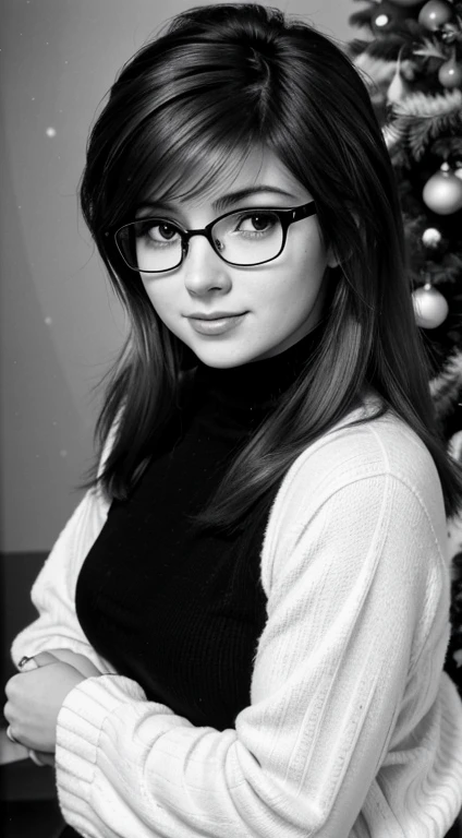 Realistic 80s photo on monochrome film; modest shy young petite Russian woman 38 years old, beautiful proportional round face, round cheeks, Round chin, Big shiny brown eyes, glasses with lenses, beautiful proportional small wide nose, Parted full lips, Serious, calm pleasant smile, medium length brown thick tousled hair(80s punk hairstyle); small proportional body, beautiful very small realistic breasts, Black tight turtleneck, happy look at the camera, hugging the Snow Maiden against the backdrop of a brightly decorated Christmas tree, natural light; Monochrome image