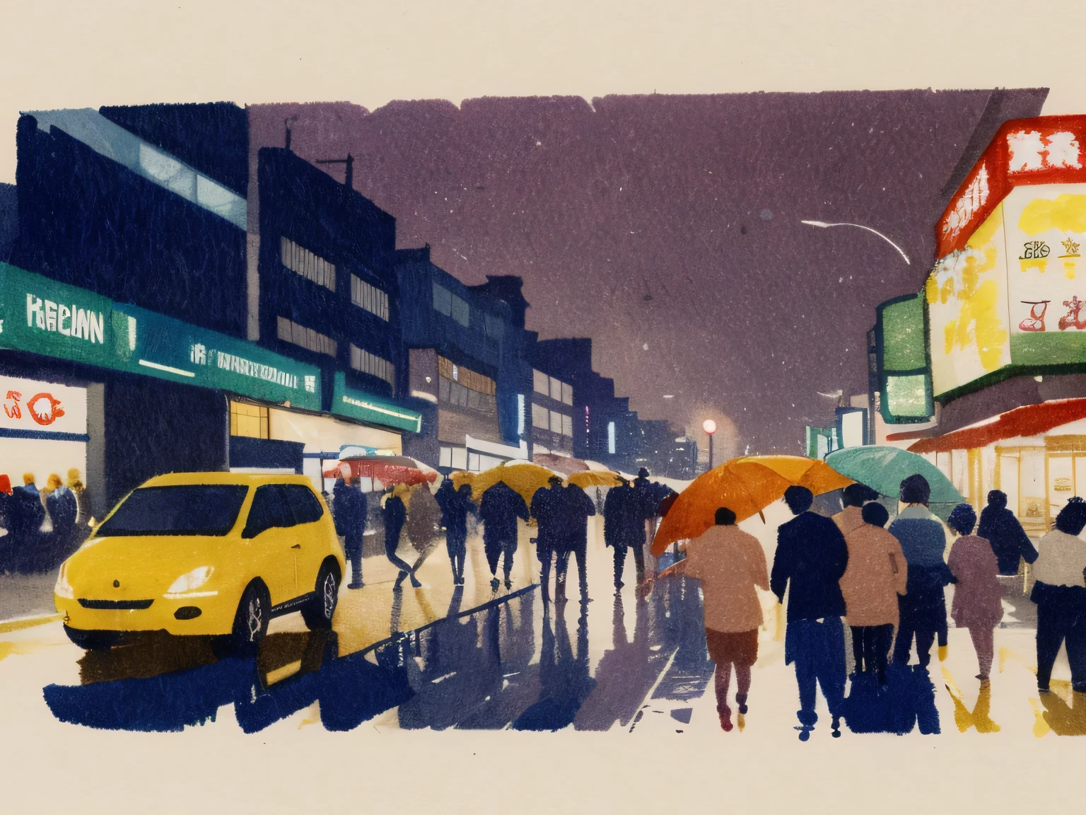 Watercolor showing rush hour at Shinjuku in the rain; crowds, neon lights, umbrellas and refections. Masterpiece, lovely composition, FML, watercolor, landscapes, nature, outdoors,