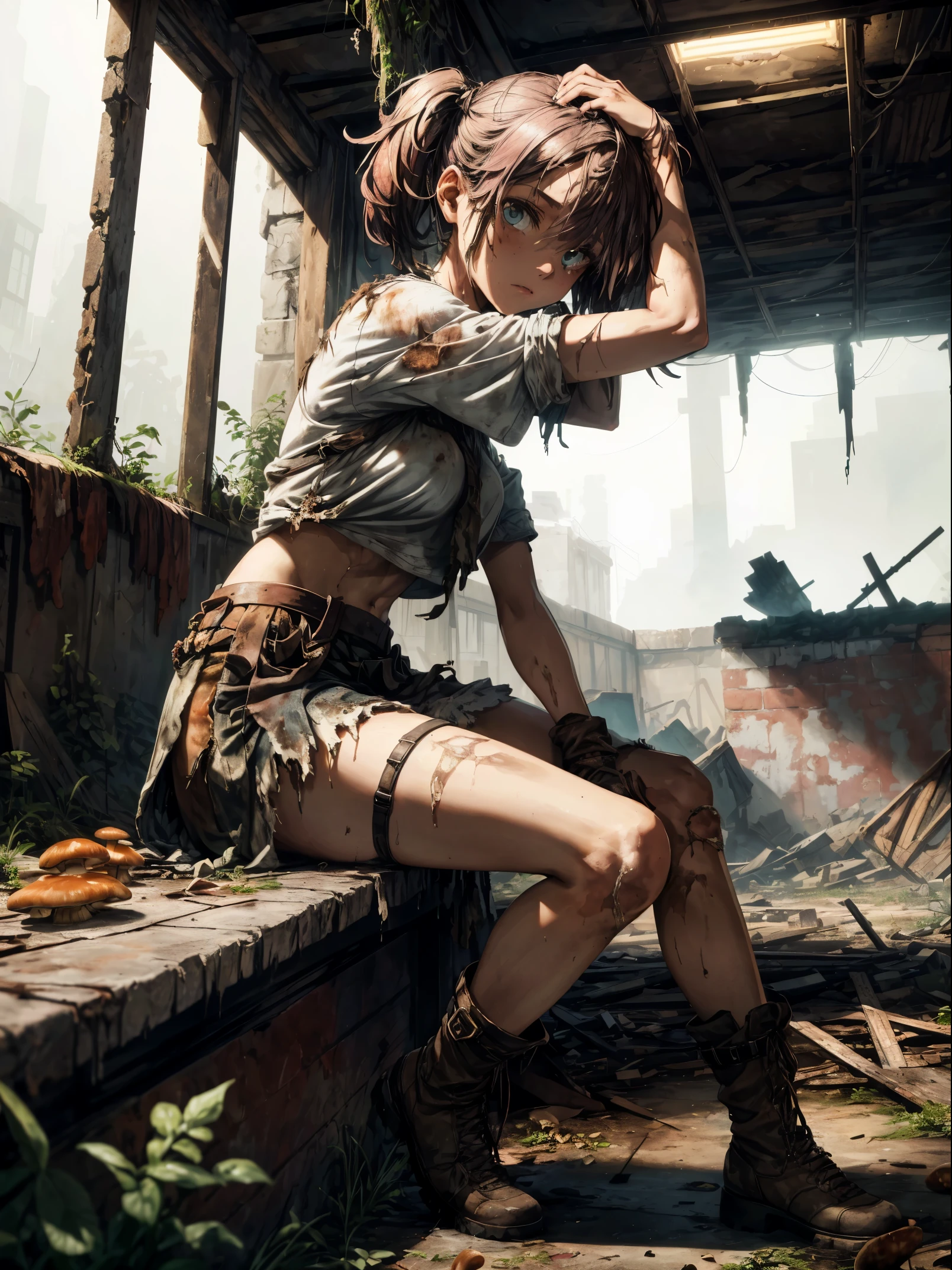 (masterpiece, best quality),“(The Last of Us”) Masterpiece in maximum 16K resolution, with a style reminiscent of “The Last of Us”, highlighting an atmosphere of terror, horror, and suspense. | Inside an abandoned and destroyed building, a 20-year-old young woman, wearing a white top, black pleated skirt, and brown leather boots, is amidst the ruin. Her short pink hair, with a generous fringe in front of her right eye and two pigtails, adds a distinctly defiant touch to her figure. In a desperate gaze and an expression of profound fear, she stares directly at the viewer, revealing the anguish of the nighttime environment under heavy rain. Destroyed, dirty, and rusty structures, along with smashed machines and computers, a large table of rotten wood, walls filthy with dirt and blood, and ((large_and_rotten_mushrooms)) compose the scenery. The atmosphere of desolation is accentuated by the ((body_covered_in_decomposing_mushrooms)). | Three-dimensional composition, cinematic lighting. | A striking scene of a young woman in an abandoned building, immersed in the terror of a world in ruins. | {The camera is positioned very close to her, revealing her entire body as she adopts a extroverted_pose, interacting with and leaning on a structure in the scene in an exciting way} | ((perfect_pose)), She is adopting a ((extroverted_pose as interacts, boldly leaning on a structure, leaning back in an exciting way):1.3), ((full body)), (perfect_fingers:1.0), (perfect_legs:1.0), More_Detail, better_hands.