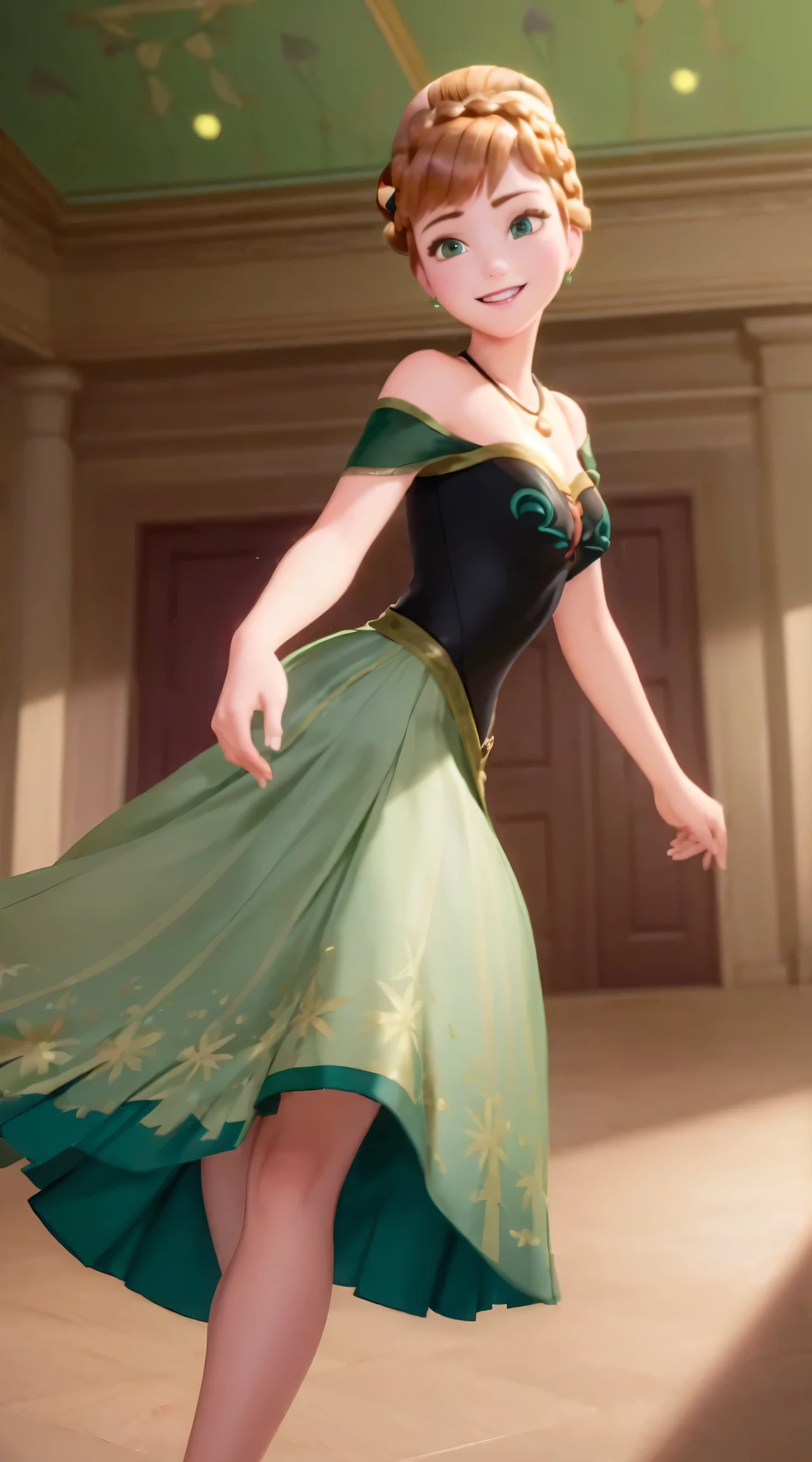 (masterpiece:1.4),(best qualit:1.4),(high resolution:1.4),anna of arendelle,bare shoulder,black bodice,green skirt,necklace,updo,indoors,ballroom,looking at viewer,smile,