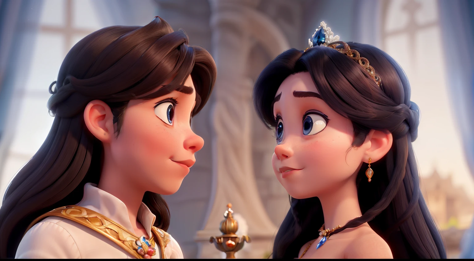 "The prince and the princess gaze into each other's eyes, the image is in profile, and their noses touch. The princess has dark hair and blue eyes, The princess has long black hair."the prince has dark hair and blue eyes.