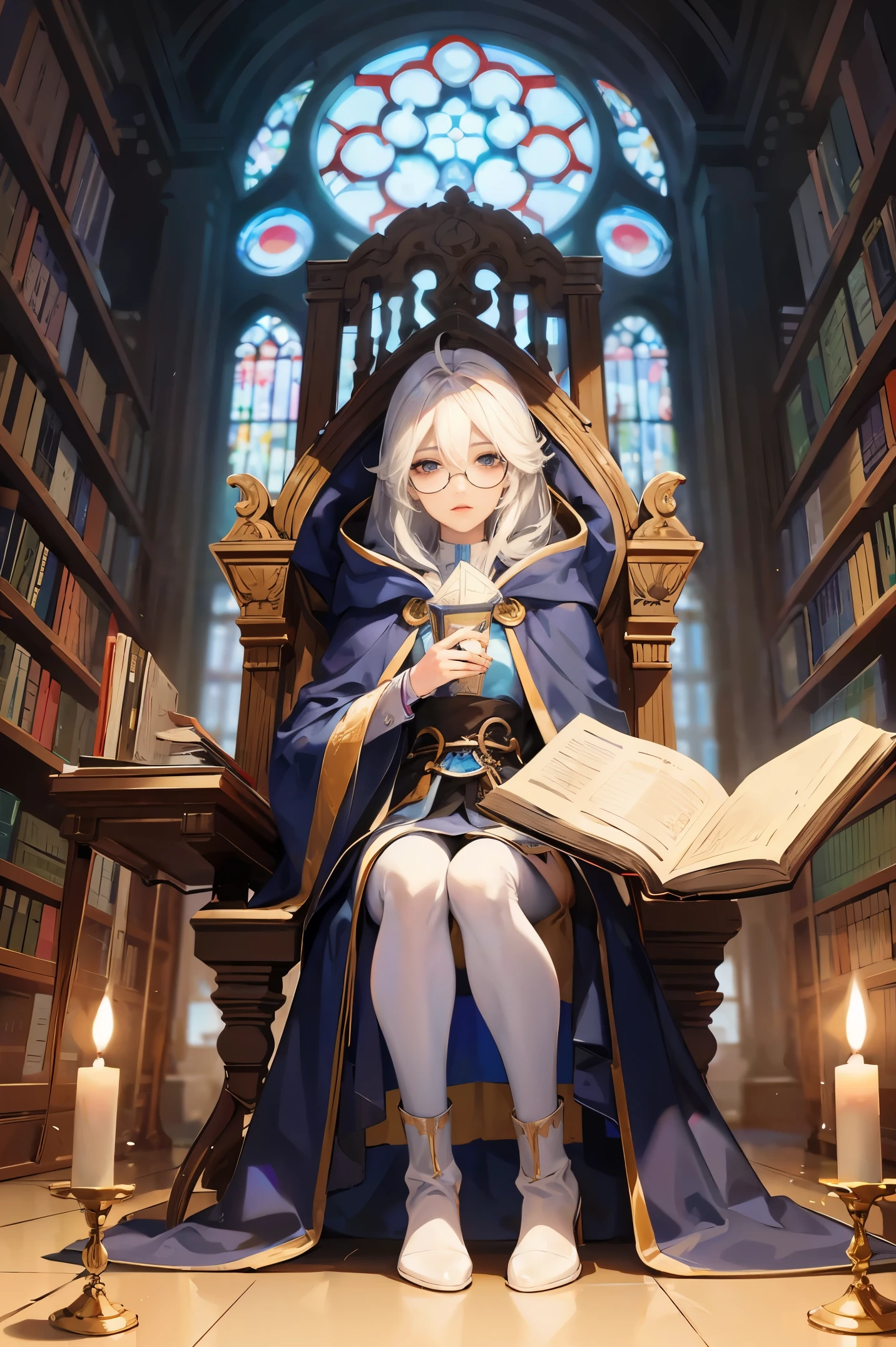 an androgynous hooded boy with long white hair sits on a throne inside a large library and holds an open book, the person is wearing glasses, the library is lit by candles and filled with books stacked on the floor, with a large round window in the background showing the galaxy with a constellation, Perfect lips, symmetrical face, olhos realistas, pele de porcelana, HDR, UHD