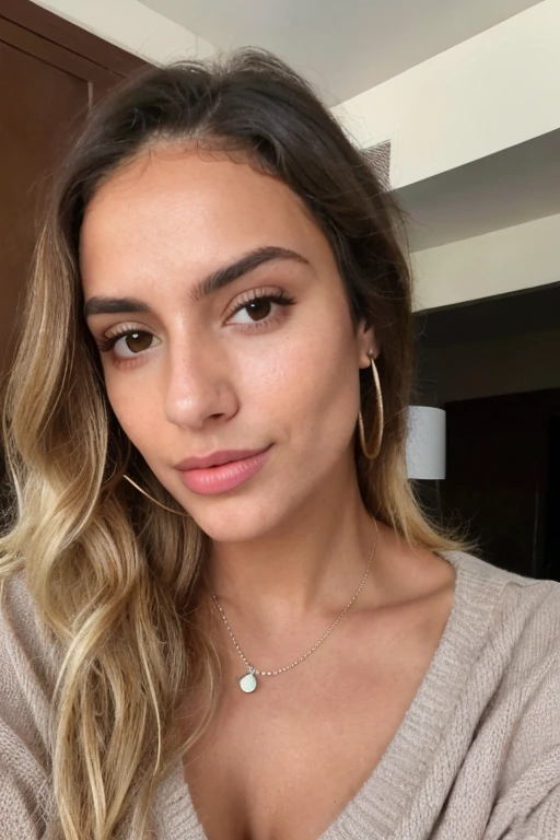 selfie de uma linda mulher, 20 anos, atriz porno, modelo de instagram, corpo sensual, olhos claros, gray sweater, minimalist golden cord, pele muito branca, European descent, em casa, foto de perfil, symmetrical face, detalhes no rosto, ((olhos detalhados)), branca, cabelo castanho escuro, ((cabelo ondulado)), olhos muito claros, sweater neckline showing a small part of the chest, rosto detalhado, olhos detalhados, super realista, maximum details, olhos bonitos, peitos, medium size chest, peitos empinados, Healthy skin, pele branca, peitos, wavy hair thin and beautiful lips, muito sexy, atraente, pele branca, olhando para a camera, luz natural, ultra high-resolution, RAW, 8k UHD, ultra-detalhado, obra-prima, melhor qualidade.