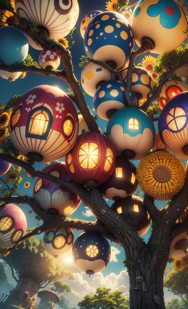 Light up the colorful mushroom forest,world in a bottle,A fairyland-like hideaway,Colorful mushroom house,a fairy world,夏天,Seafront,Rios,tree house,sunflower fields,lavender,mountain ranges,mountain peak tree,a small medieval village, Italy, Vera, medieval town, medieval village, 幻想Italy, quaint village, Italy杰作, medieval coastal village, medieval town景观、Cobblestone road、View from the street、Behold