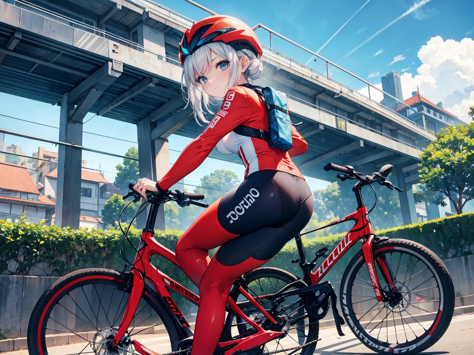 Garota andando em uma grande bicicleta esportiva vermelha、Riding suit、circuito、Pitt、Cabelo Azul Soprado、Asian