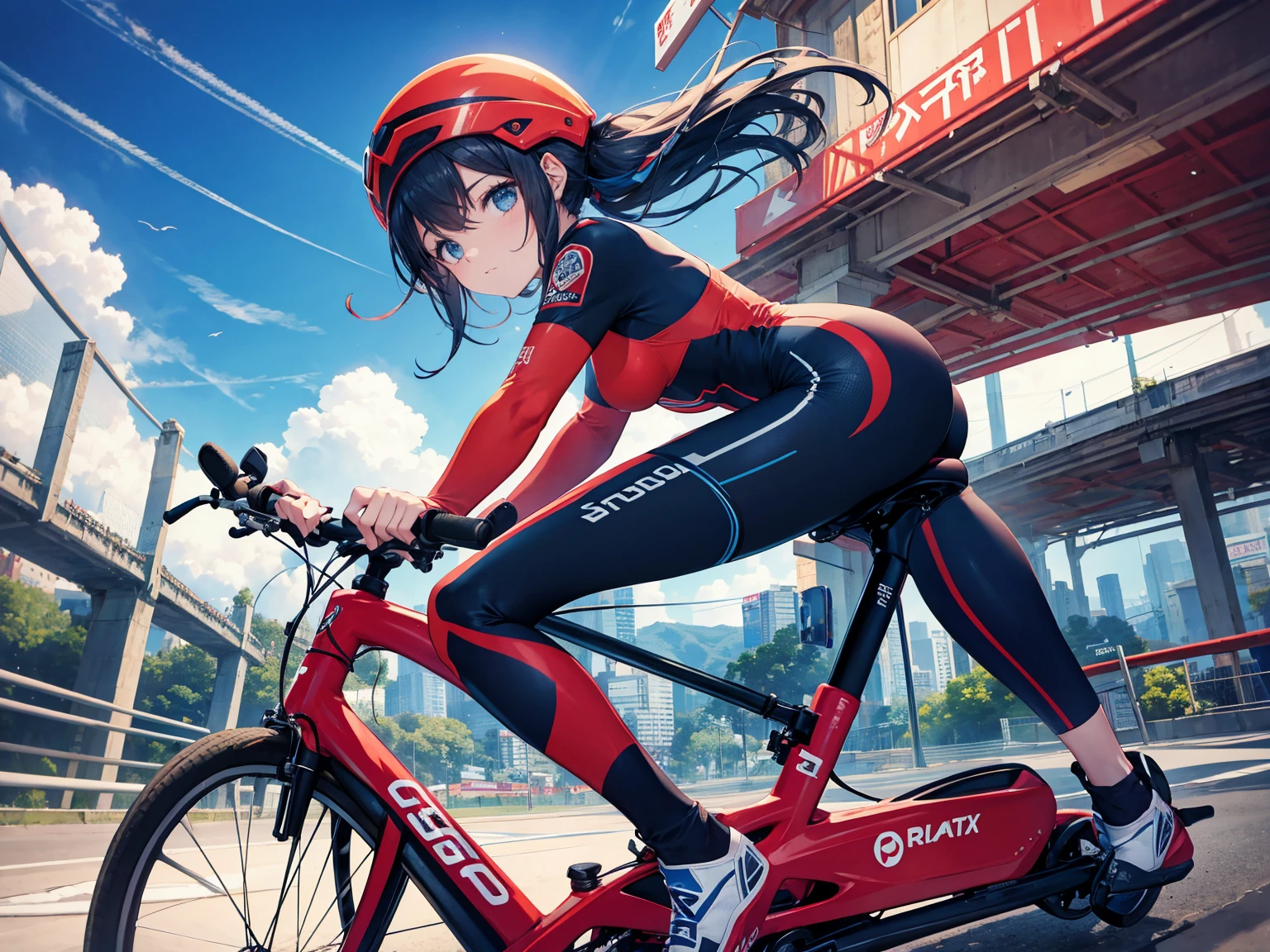 Garota andando em uma grande bicicleta esportiva vermelha、Riding suit、circuito、Pitt、Cabelo Azul Soprado、Asian