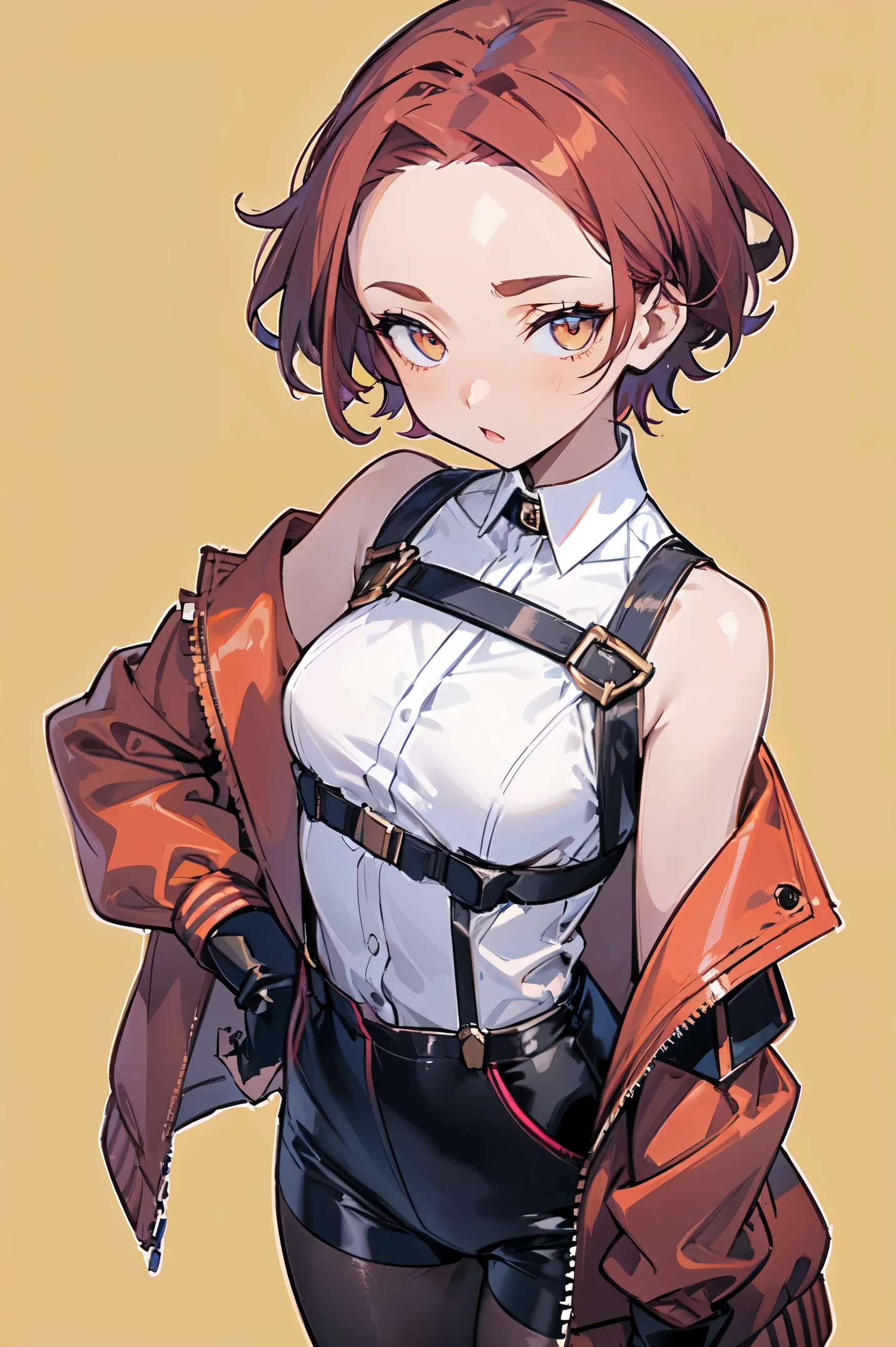 1girl, young woman, solo, short hair, Small hair, (forehead:1.2), yellow eyes, sharp ocular posture, (scarlet red hair), light brown skin tone, Athletic, muscular, medium breasts, (cropped jacket, black jacket), white shirt, collared shirt, (chest harness, shoulder strap:1.15), black leather shorts, pantyhose 7/8, garter belt, gloves, elegant, looking at viewer, standing, mustard color background, masterpiece, best quality, 4k