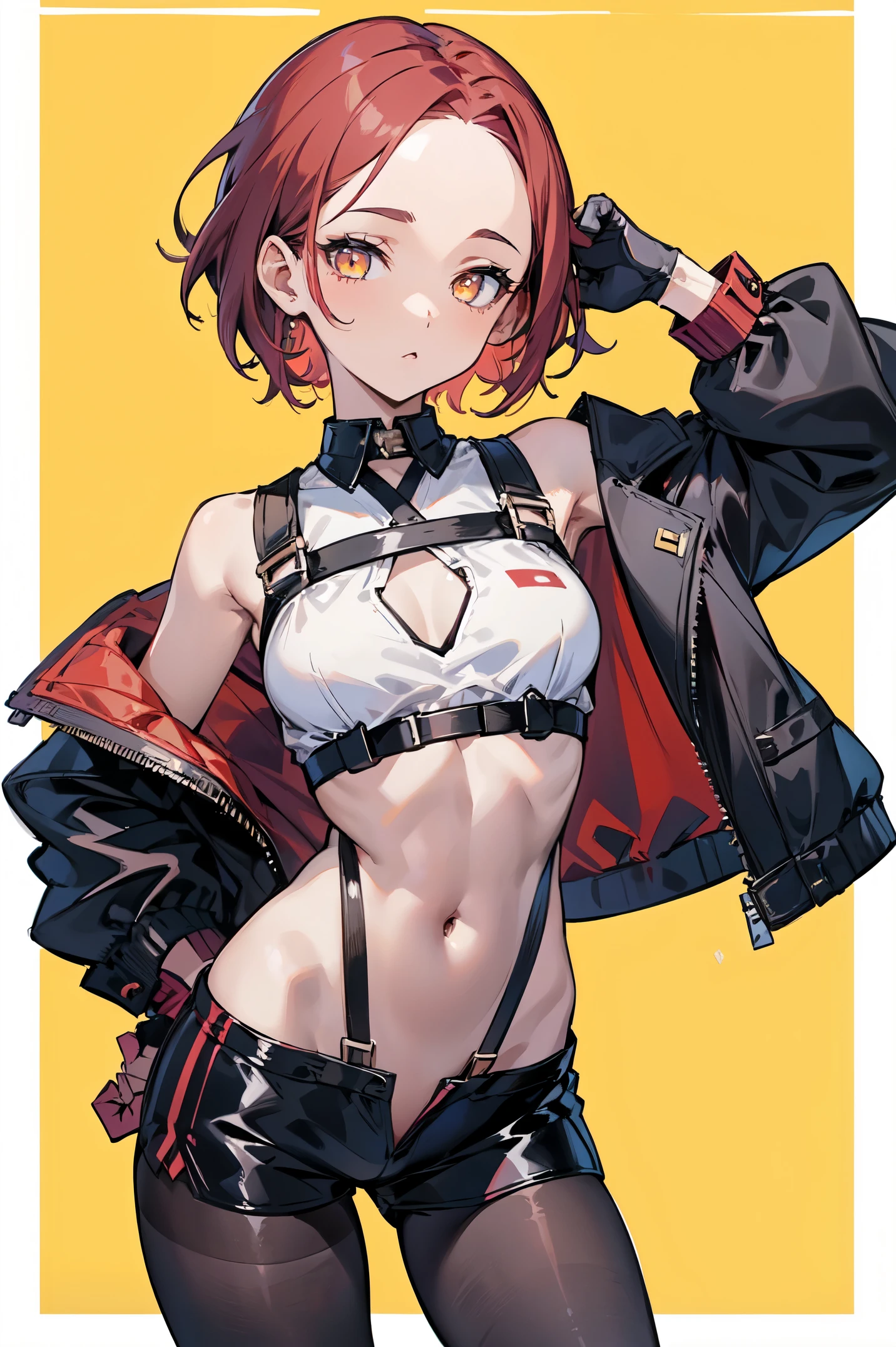 1girl, young woman, solo, short hair, Small  hair, (forehead:1.2), yellow eyes, sharp ocular posture, (scarlet red hair), light brown skin tone, Athletic, muscular, medium breasts, (cropped jacket, black jacket), white shirt, collared shirt, (chest harness, shoulder strap:1.15), black leather shorts, pantyhose 7/8, garter belt, gloves, elegant, looking at viewer, standing, mustard color background, masterpiece, best quality, 4k