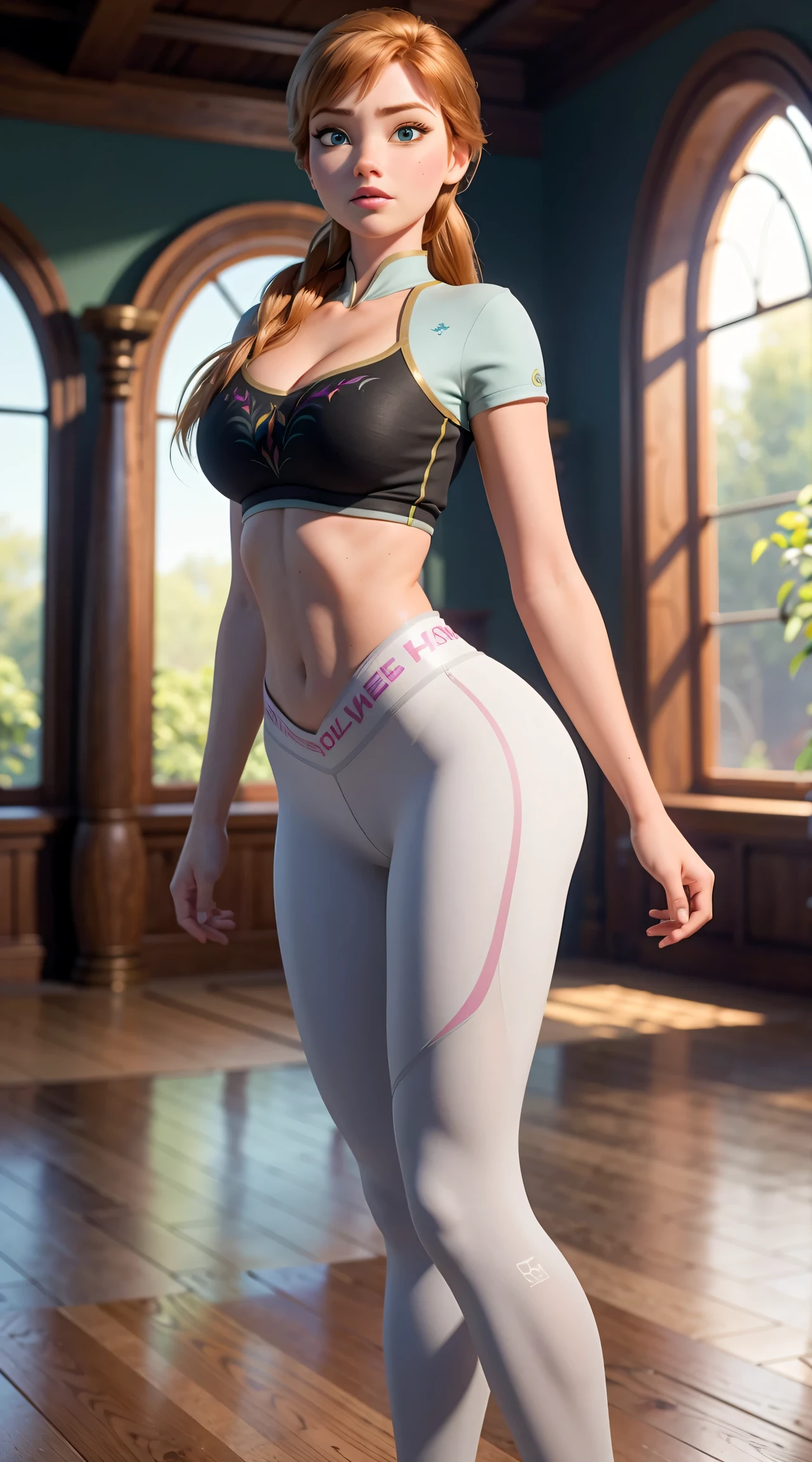 (best quality, highres), Anna of Arendelle, white gym outfit, beautiful detailed eyes, beautiful detailed lips, tall, sexy legs, wide hips, busty, confident pose, natural lighting, vibrant colors, realistic, sharp focus