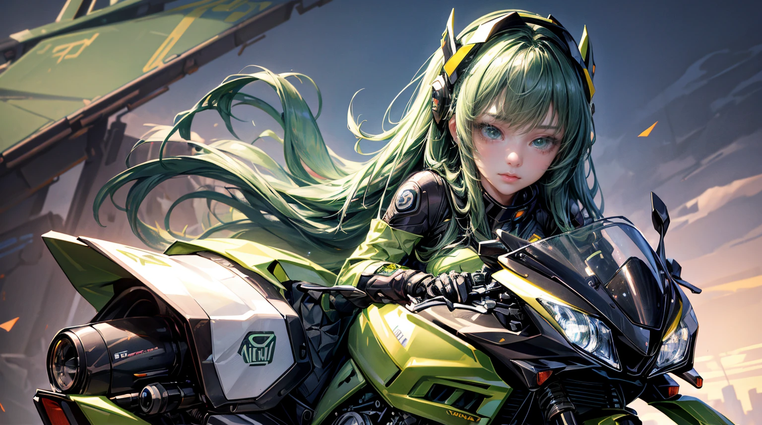 Highest image quality, outstanding details, ultra-high resolution, (realism: 1.4), the best illustration, favor details, highly condensed 1girl, with a delicate and beautiful face, dressed in a black and green mecha, wearing a mecha helmet, holding a directional controller, riding on a motorcycle, the background is a high-tech lighting scene of the future city.