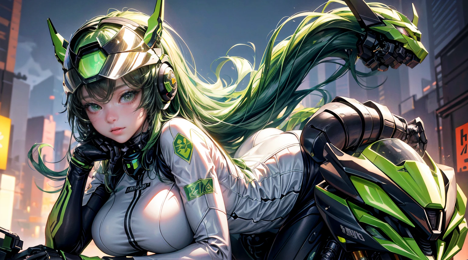 Highest image quality, outstanding details, ultra-high resolution, (realism: 1.4), the best illustration, favor details, highly condensed 1girl, with a delicate and beautiful face, dressed in a black and green mecha, wearing a mecha helmet, holding a directional controller, riding on a motorcycle, the background is a high-tech lighting scene of the future city.