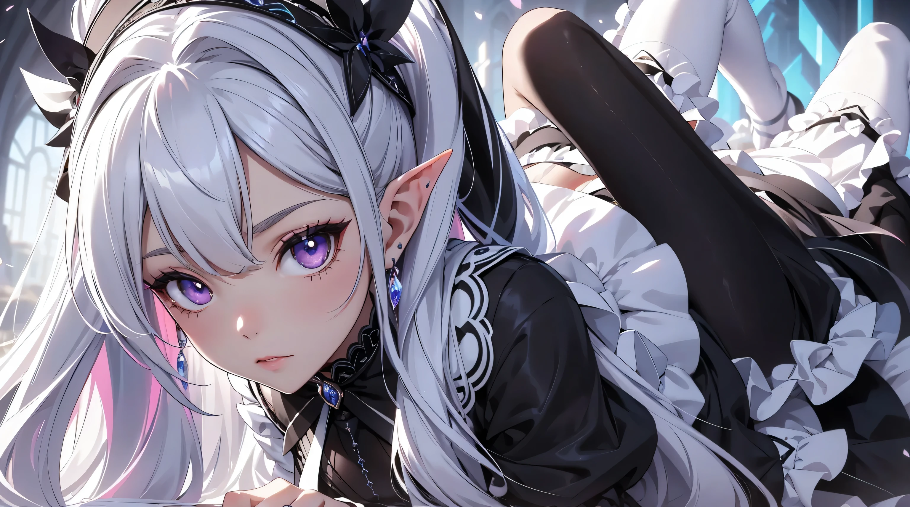 best qualityer,tmasterpiece,Ultimate resolution,downy,Extremely colorful,Colorful,Elven girl,full bodyesbian,Black and white double ponytail,Lolita long dress, White stockings Long legs,Muffin shoes,closeup of face