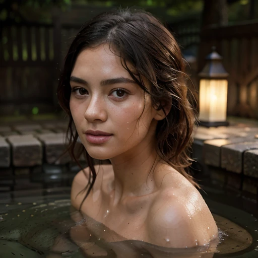 Women bathing in natural thermal pool, snowy landscape, tranquil, close range, steam, low angle shot, ultra detailed face, hdr, radiosity