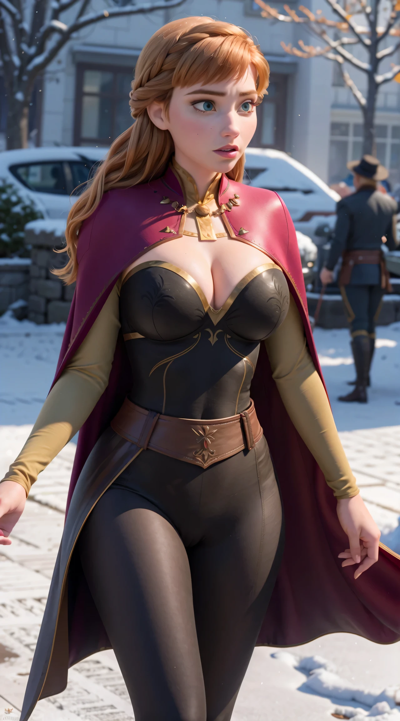Photo of Anna of Arendelle wearing thight opaque pantyhose,  cameltoe, huge breasts, bursting huge breasts, wide hips, busty, long open cape, enormous breasts.