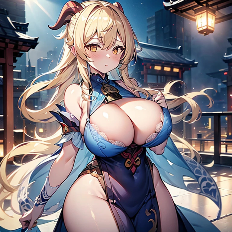 ganyu \(genshin impact\), ganyudef, outdoors, big city, yellow eyes, volumetric lighting, soft lighting, cinematic, looking at viewer, massive breast covered by blue and white lace top, showing plunging neck line, long blonde hair