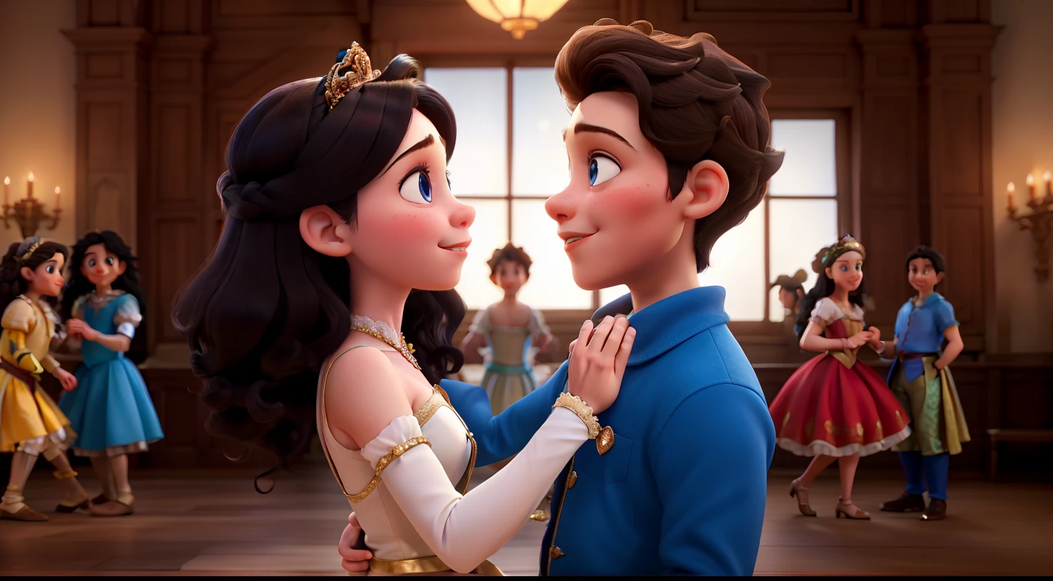 It's a Renaissance dance party, the hall is lit, and the couples dance joyfully. The prince and the princess gaze into each other's eyes, the image is in profile, and their noses touch. The princess has dark hair and blue eyes, the prince has dark hair and blue eyes, The princess has long black hair