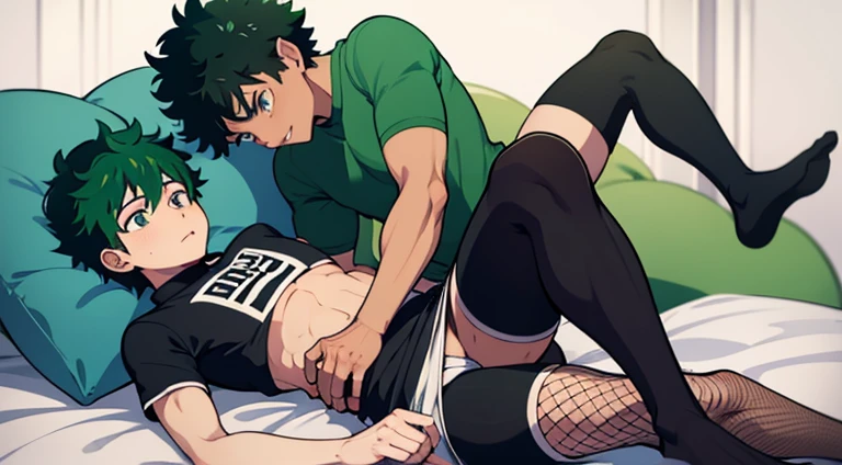 Gay Izuku Midoriya with few muscles with knee socks with black fishnet arm/ Handschuhen, der auf einem bett liegt und von bakugo gefickt wird