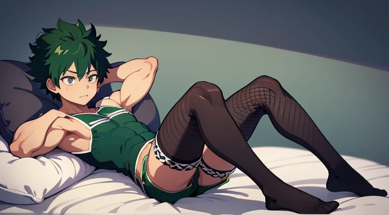 Gay Izuku Midoriya with few muscles with knee socks with black fishnet arm/ Handschuhen, der auf einem bett liegt und von bakugo gefickt wird