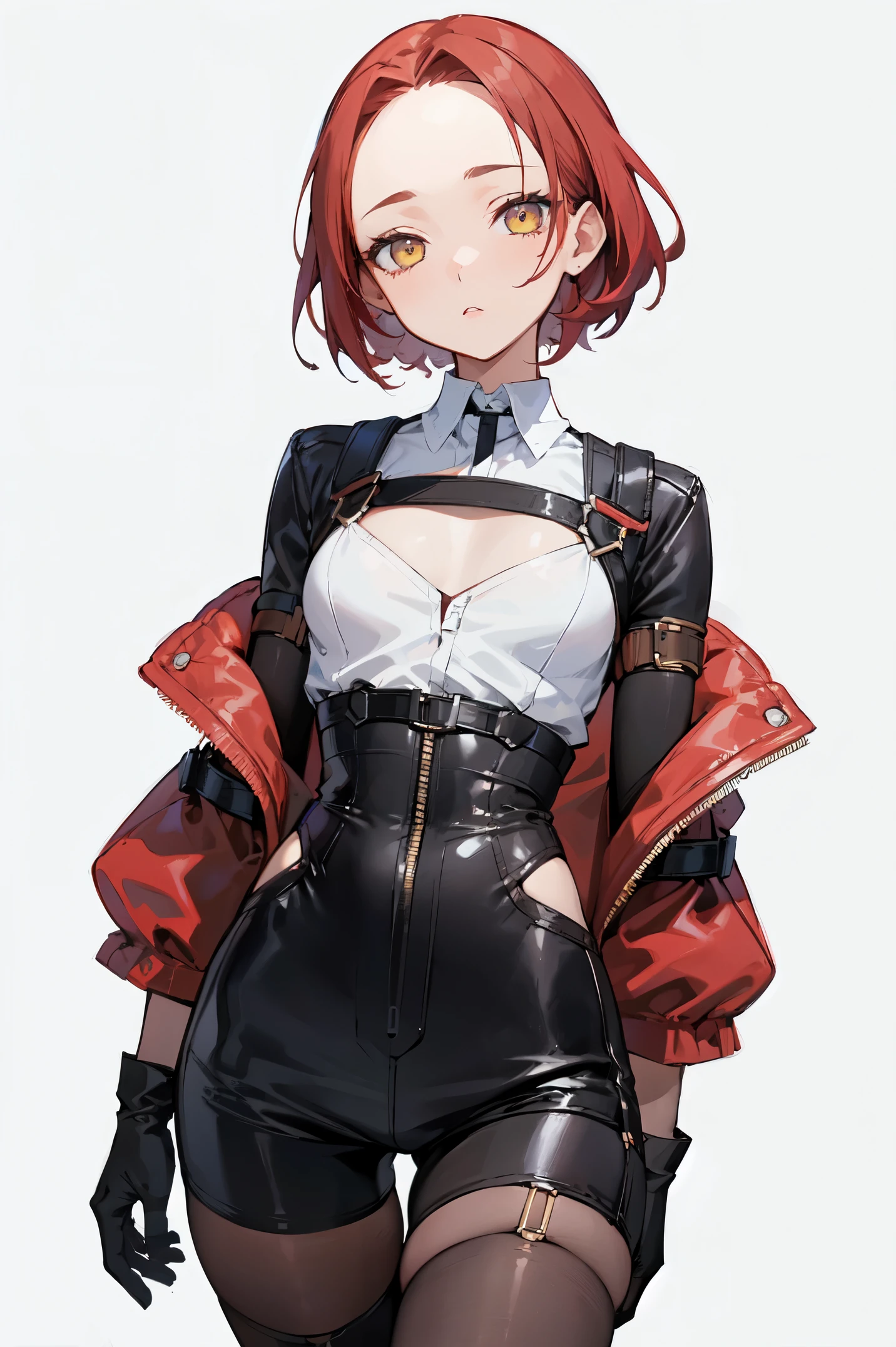 1girl, young woman, solo, short hair, Small  hair, (forehead:1.2), yellow eyes, sharp ocular posture, (scarlet red hair), light brown skin tone, Athletic, muscular, medium breasts, (cropped jacket, black jacket), white shirt, collared shirt, (chest harness, shoulder strap:1.15), black leather shorts, pantyhose 7/8, garter belt, gloves, elegant, looking at viewer, grey background, masterpiece, best quality, 4k